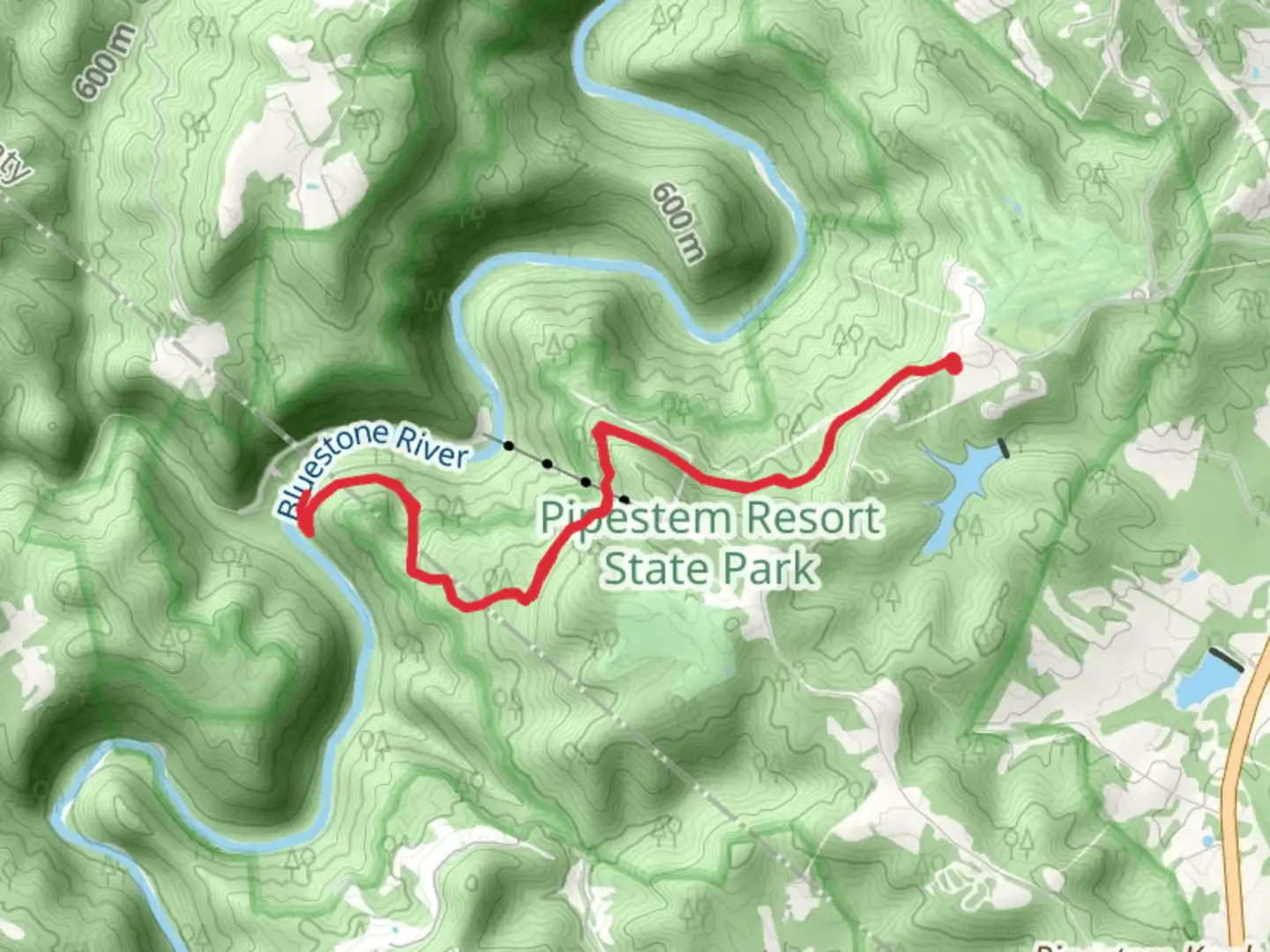 An image depicting the trail Bluestone River via River Trail and its surrounding area.