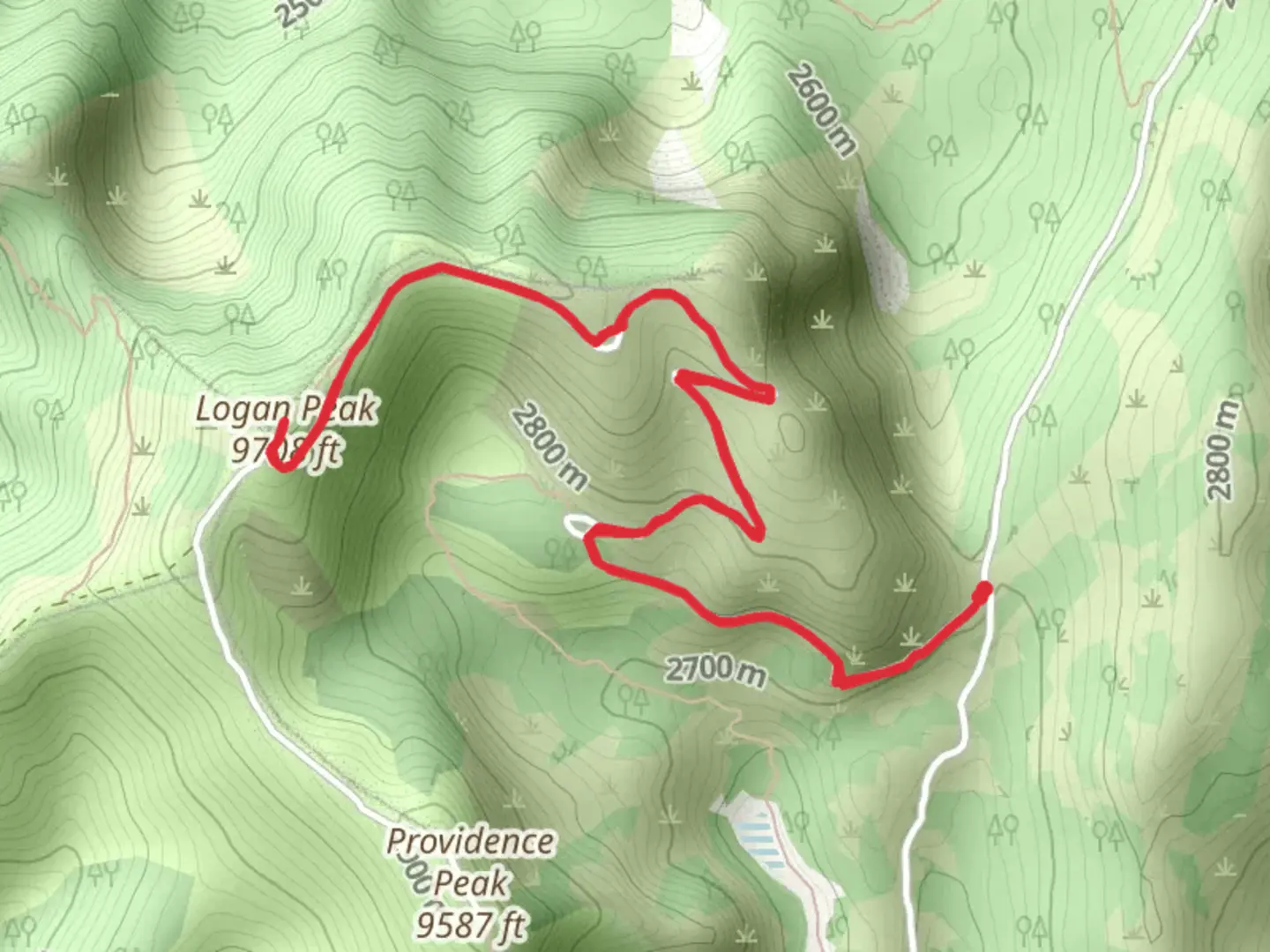 An image depicting the trail Logan Peak and its surrounding area.