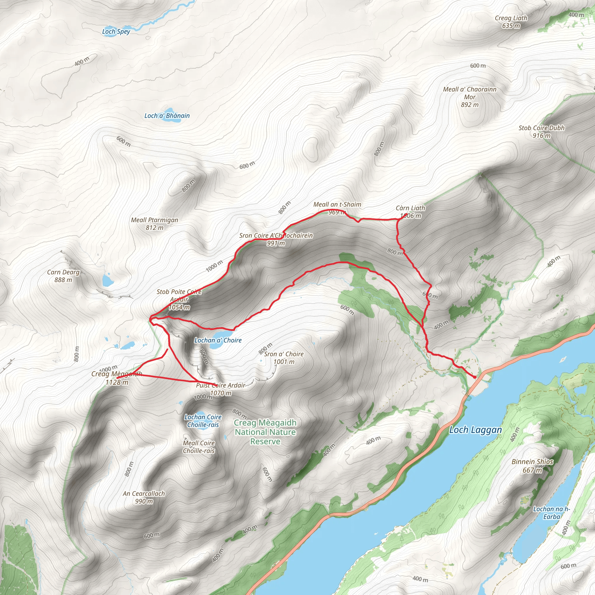 Creag Meagaidh and Carn Liath Loop via Lochan a' choire mobile static map