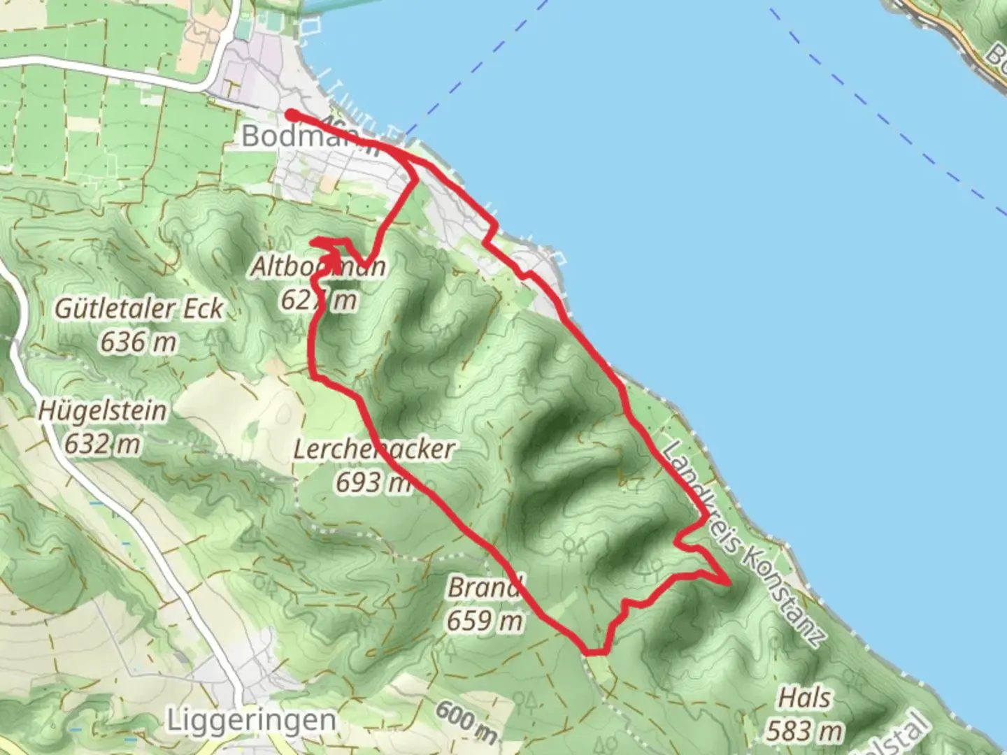 An image depicting the trail Bodensee-Rundwanderweg and SeeGang and its surrounding area.
