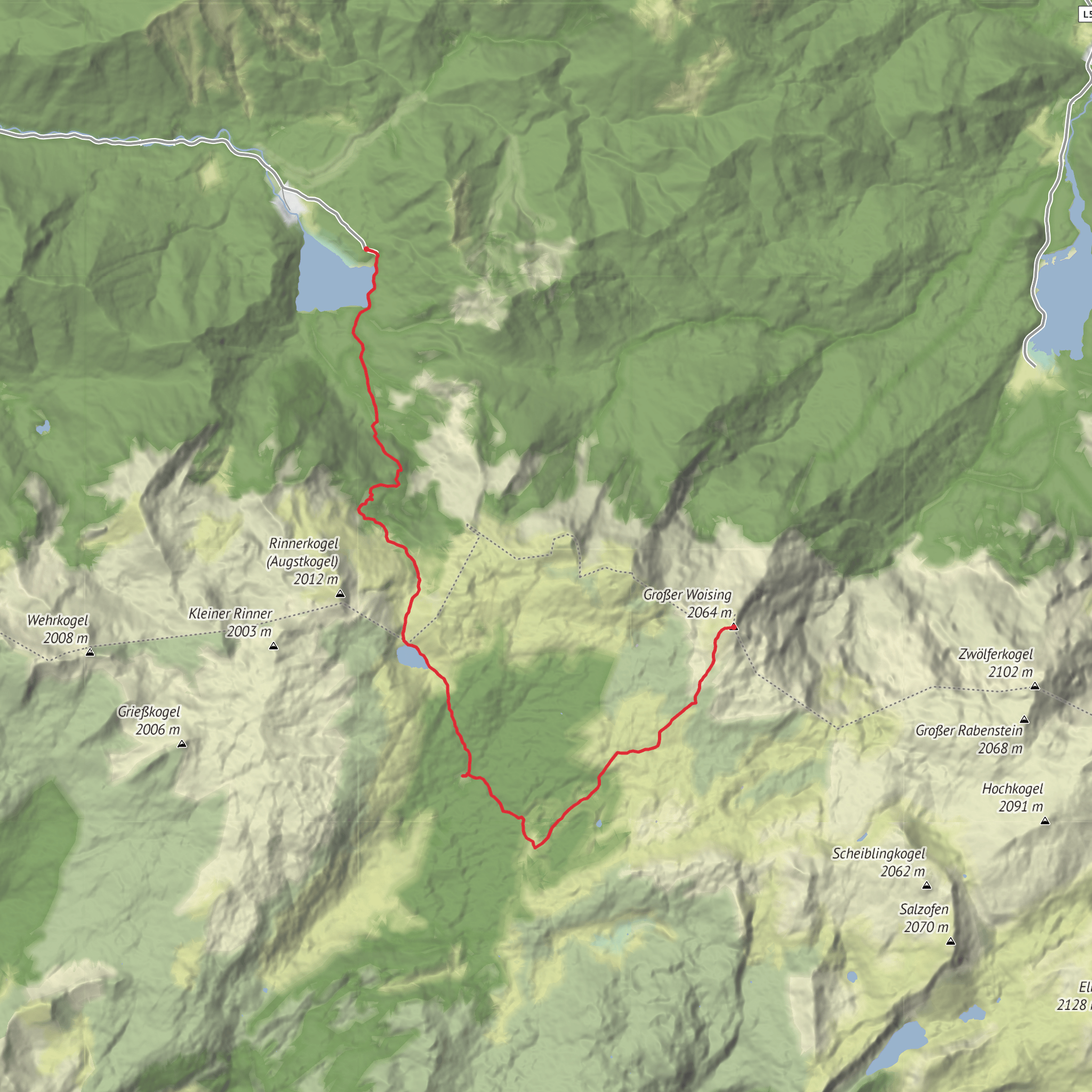Großer Woising via Offensee and Wildenseehütte mobile static map