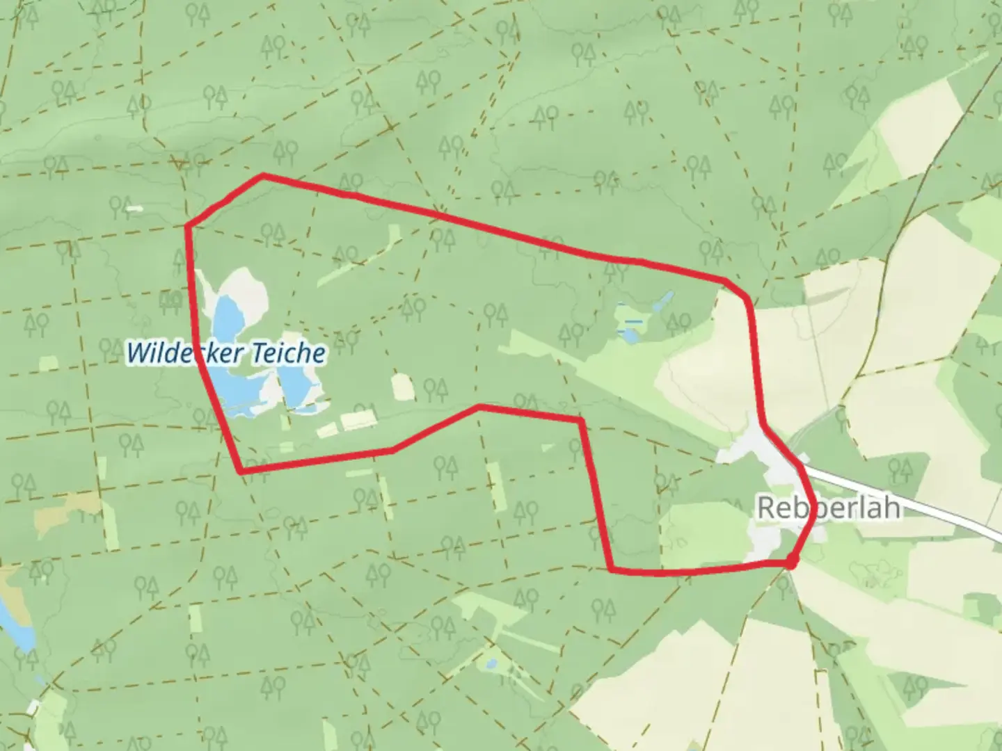 An image depicting the trail Wildecker Teiche from Rebberlah and its surrounding area.