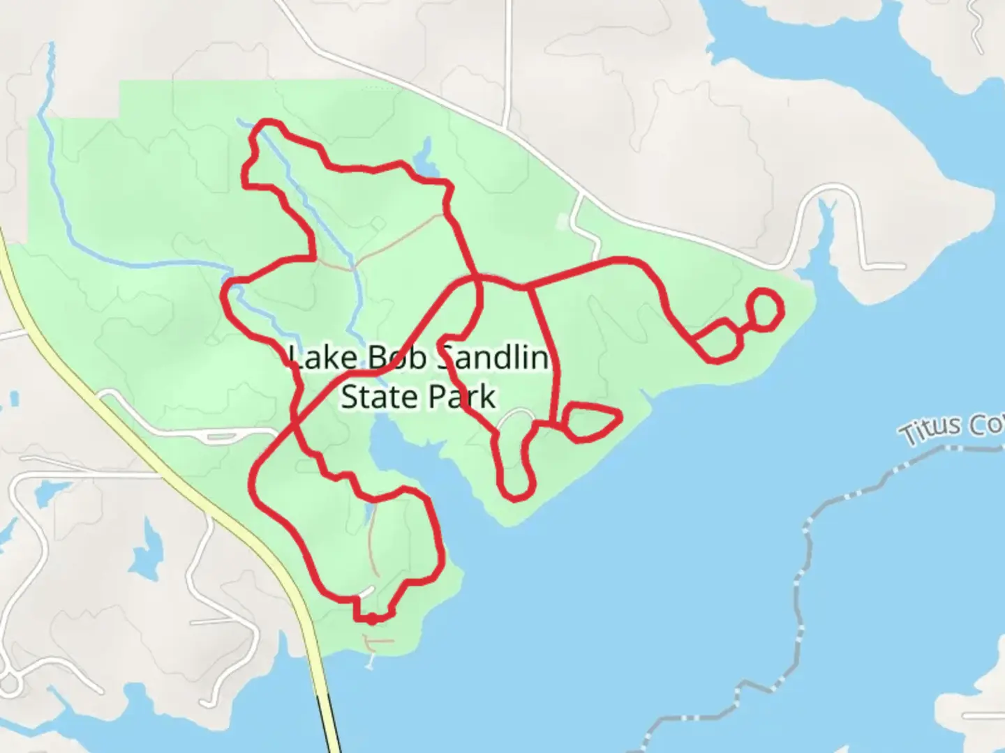 An image depicting the trail Lake Bob Sandlin State Park Loop via Homestead Trail and Dogwood Trail and its surrounding area.