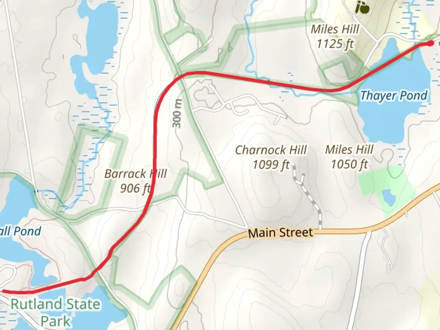 An image depicting the trail Thayer Pond to Whitehall Pond and Barrack Hill and its surrounding area.