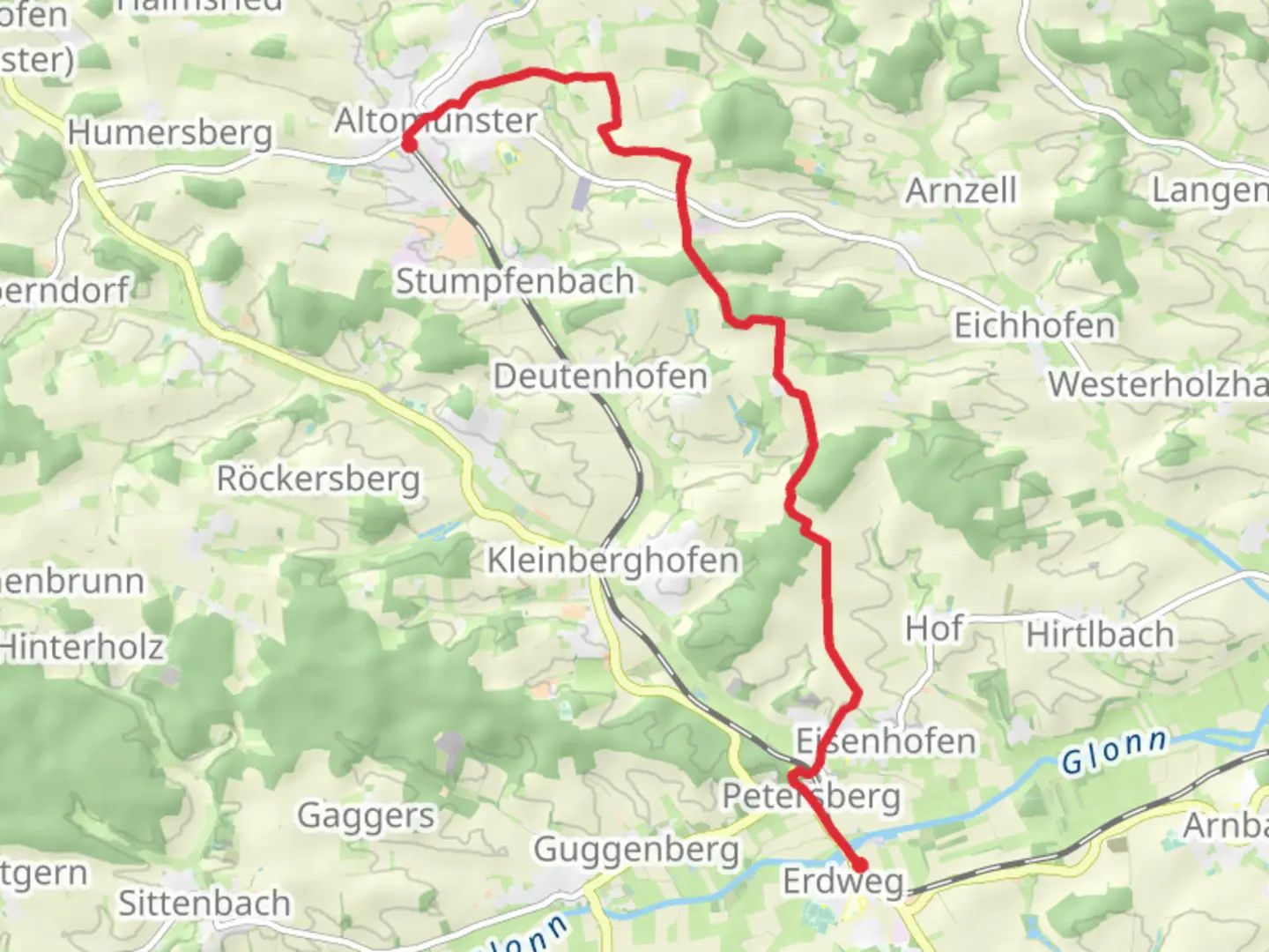 An image depicting the trail Erdweg to Altomuenster via InSichGegen and its surrounding area.
