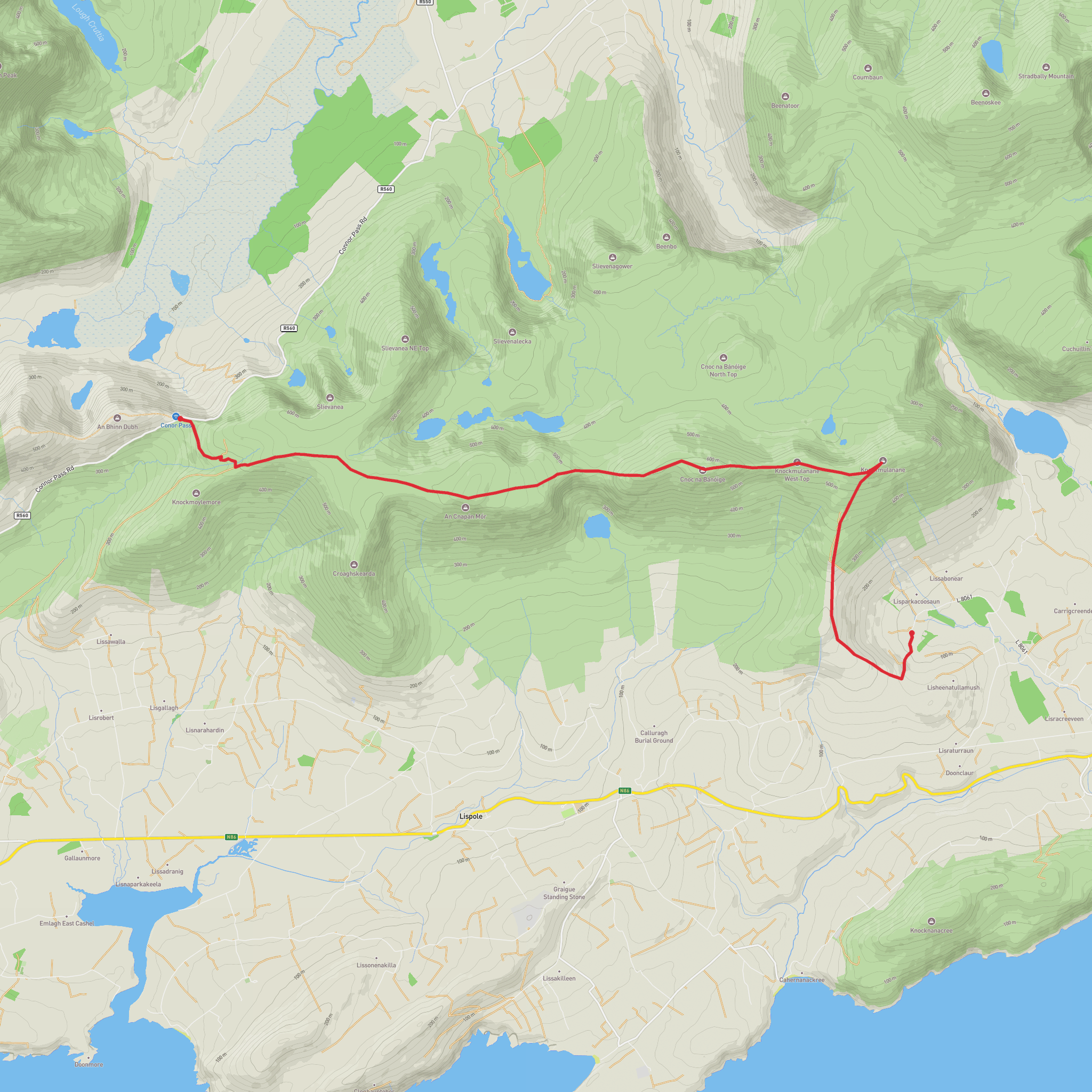 Anascaul to Conor Pass Hike from County Kerry mobile static map