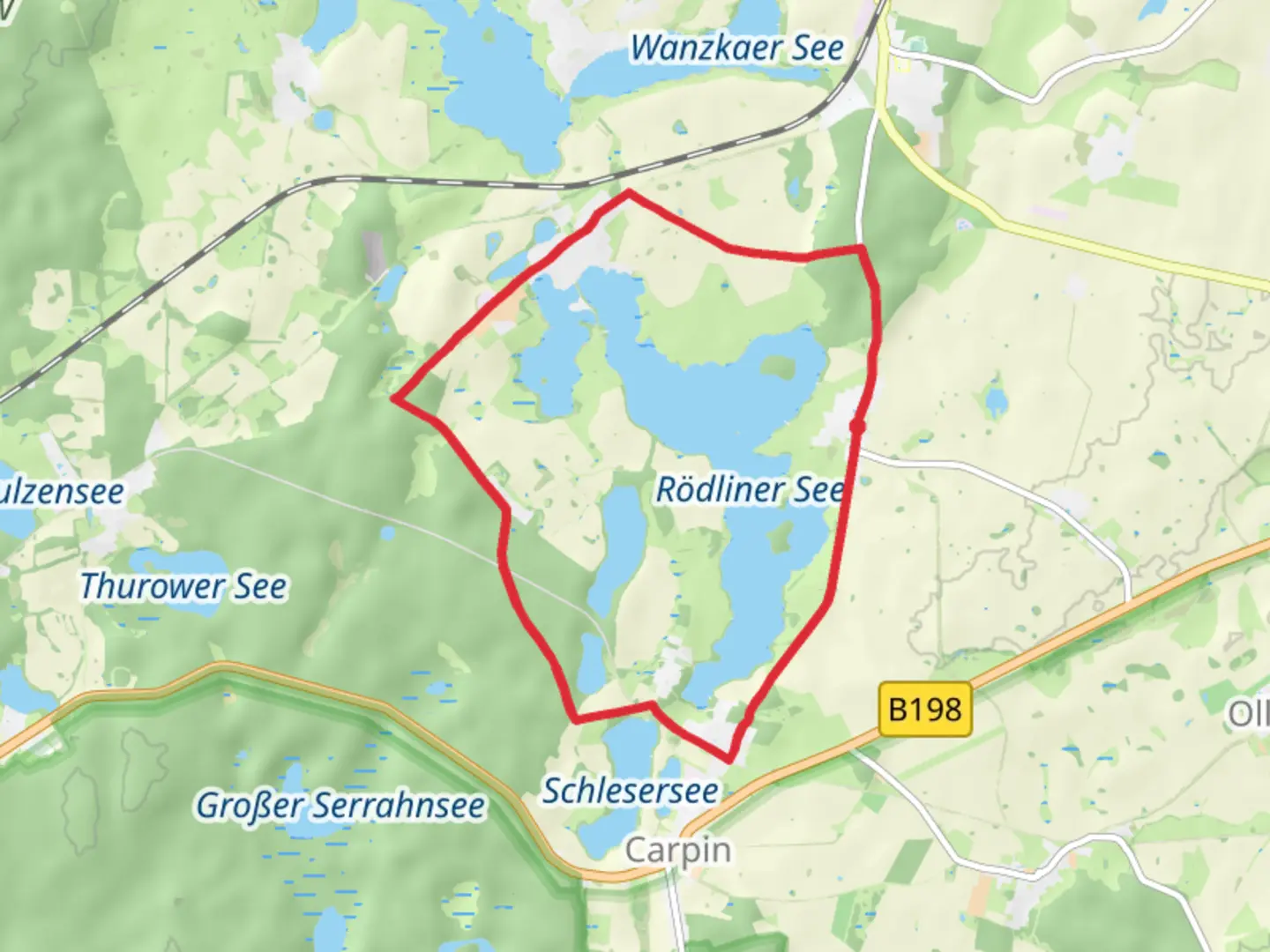 An image depicting the trail Rödliner See via Große Roedliner Runde and its surrounding area.