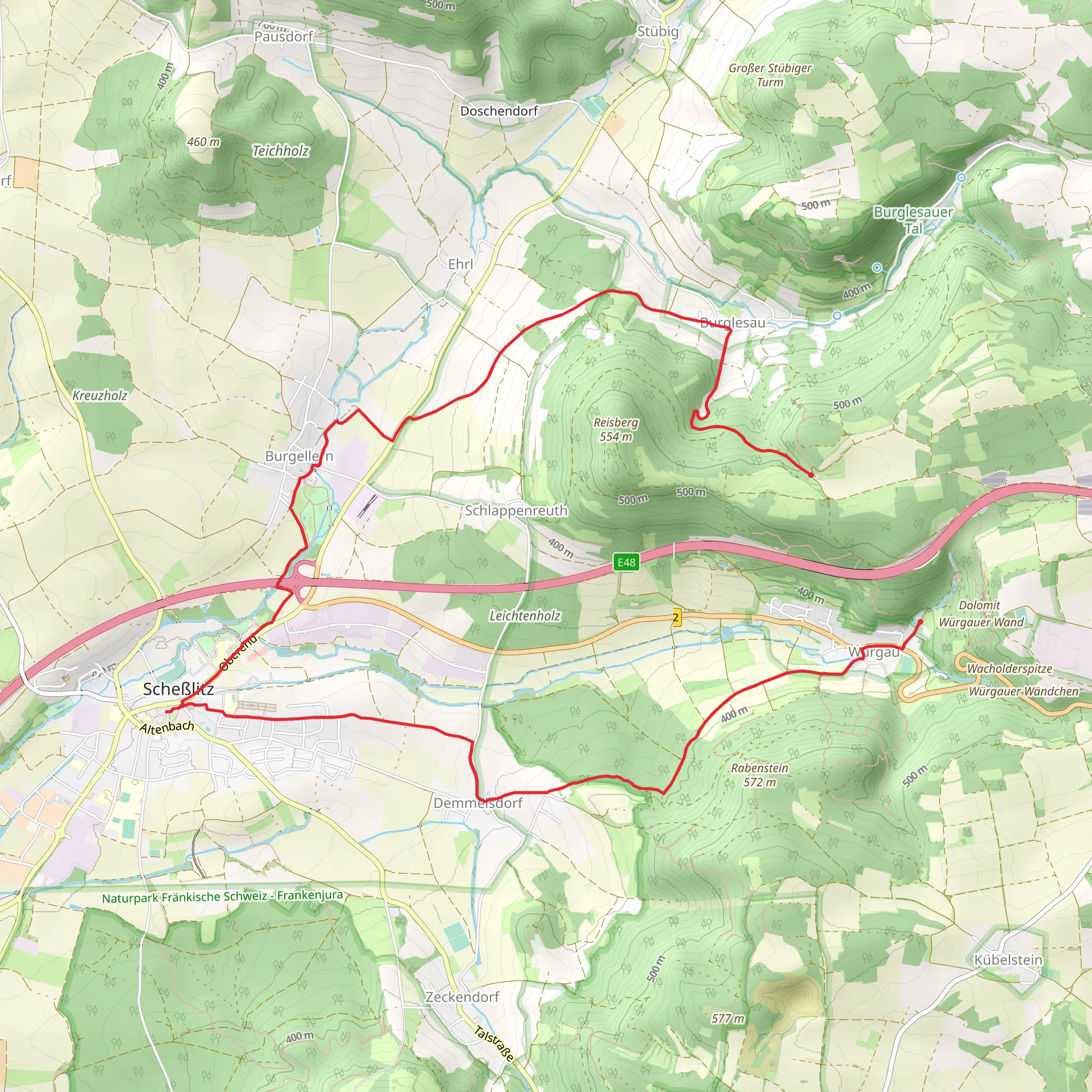 Steinleite to Wuergau via Main Donau Weg and Naturfreundeweg mobile static map