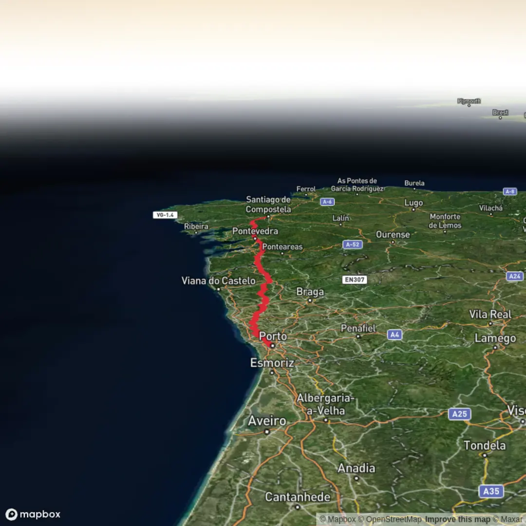An image depicting the trail Camino Portuguese Central Porto Santiago and its surrounding area.