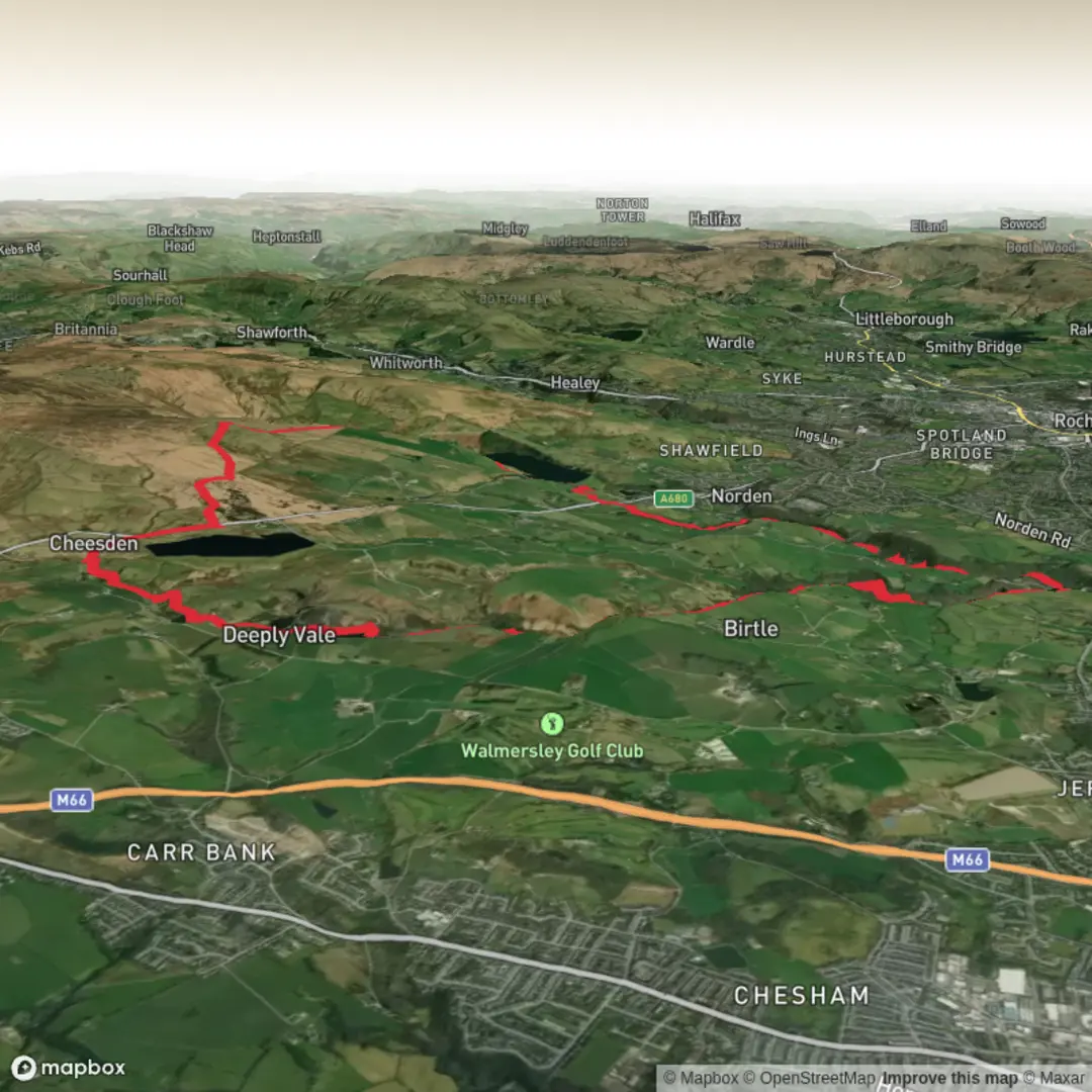 An image depicting the trail Skeleton Bob, Greenbooth Reservoir, Deeply Vale and Knowl Hill and its surrounding area.