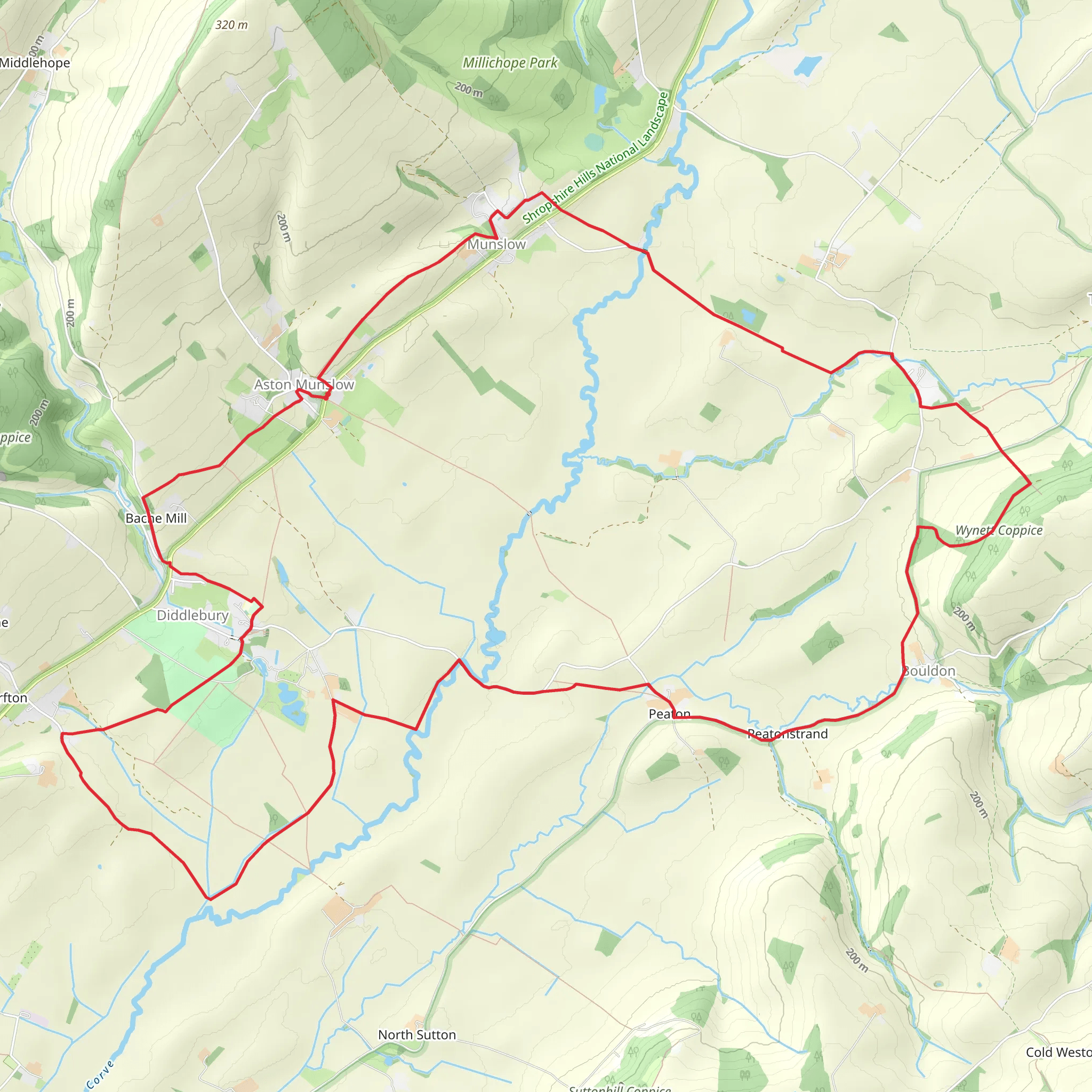 Aston Munslow, Bouldon and Diddlebury Loop via Broncroft Castle mobile static map