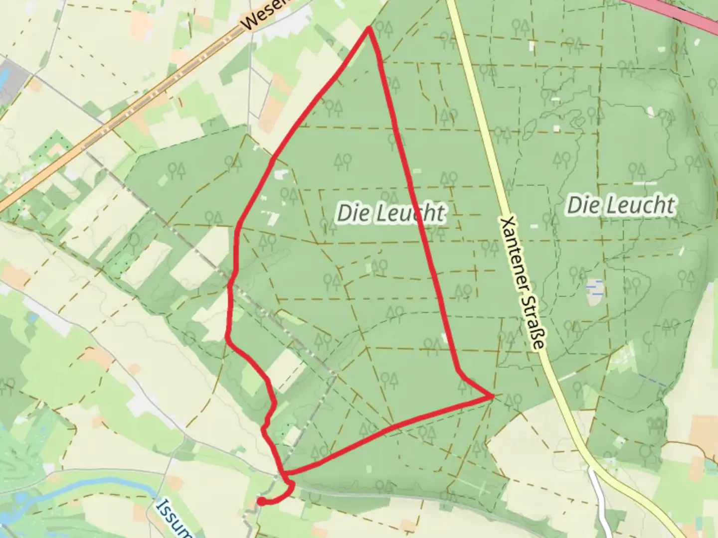 An image depicting the trail Leucht West Rundweg and Arnold Mock Weg and its surrounding area.