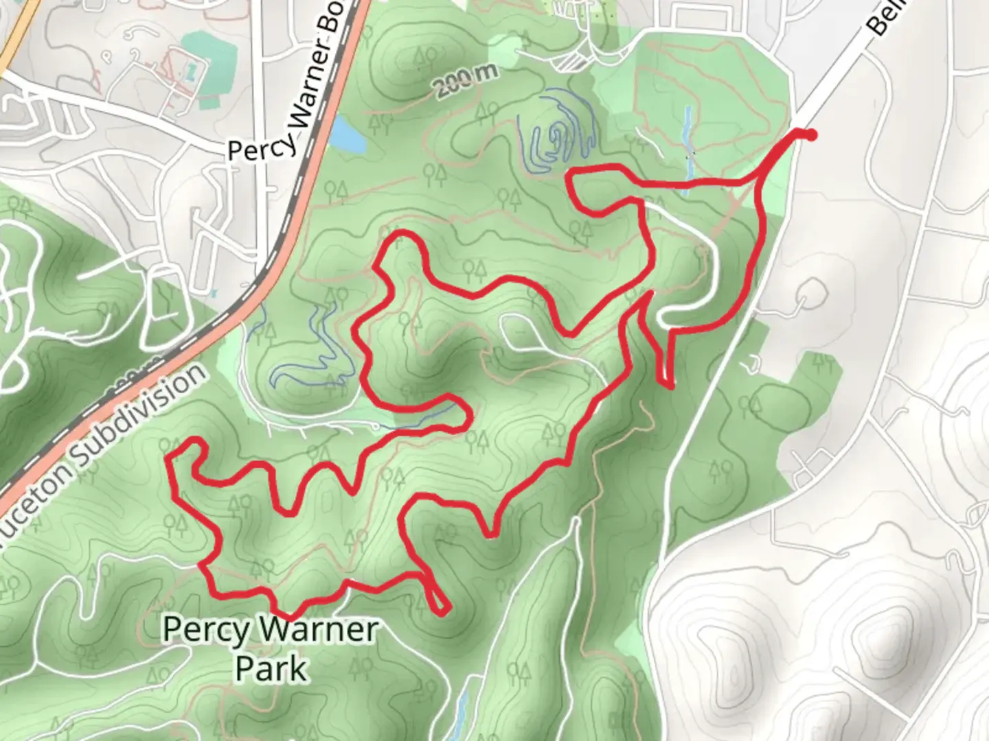 An image depicting the trail Percy Warner Park Loop - North and its surrounding area.