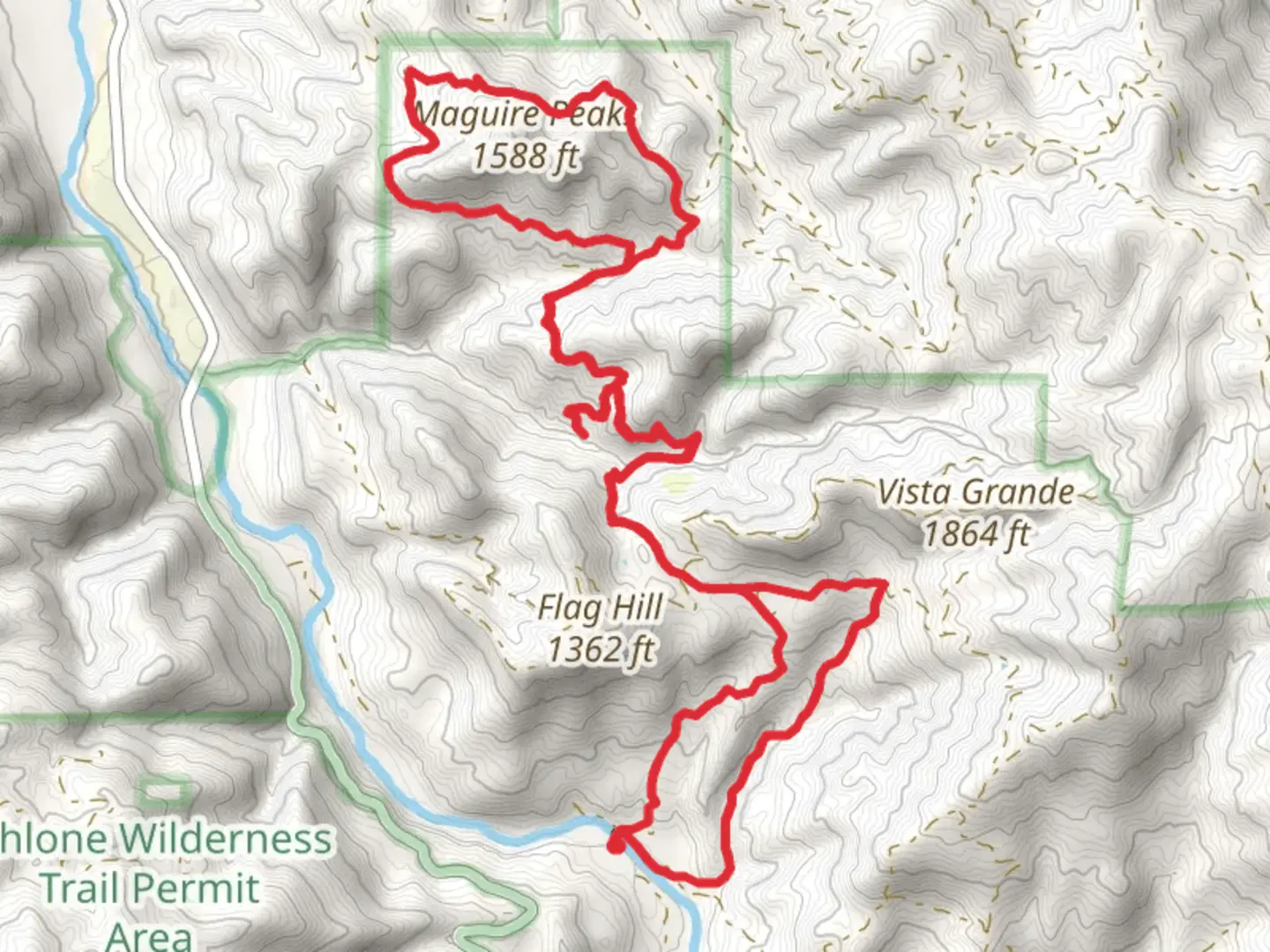 An image depicting the trail Indian Joe Creek, Maquire Peaks and Hayfield Road Loop Trail and its surrounding area.