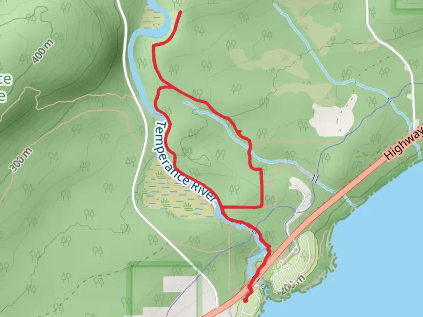An image depicting the trail Loop along Temperance River and its surrounding area.