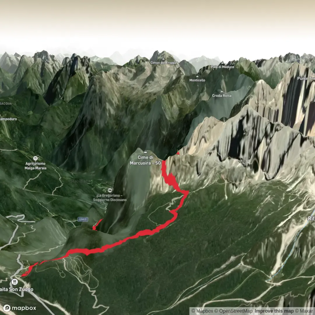 An image depicting the trail Hike from Passo Tre Croci to Lago Sorapis via Forcella Marcoira and its surrounding area.