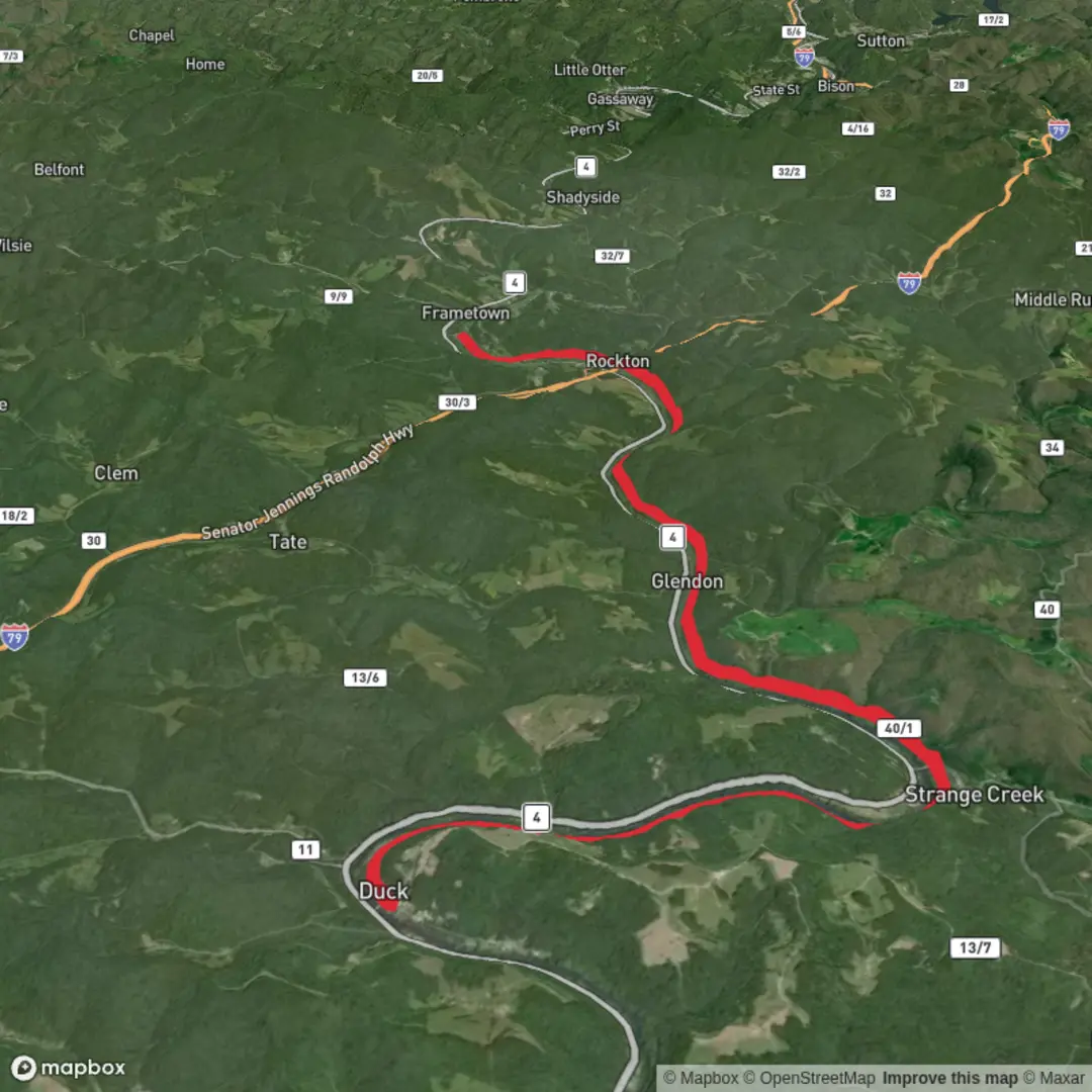 An image depicting the trail Elk River Trail from Duck to Frametown and its surrounding area.