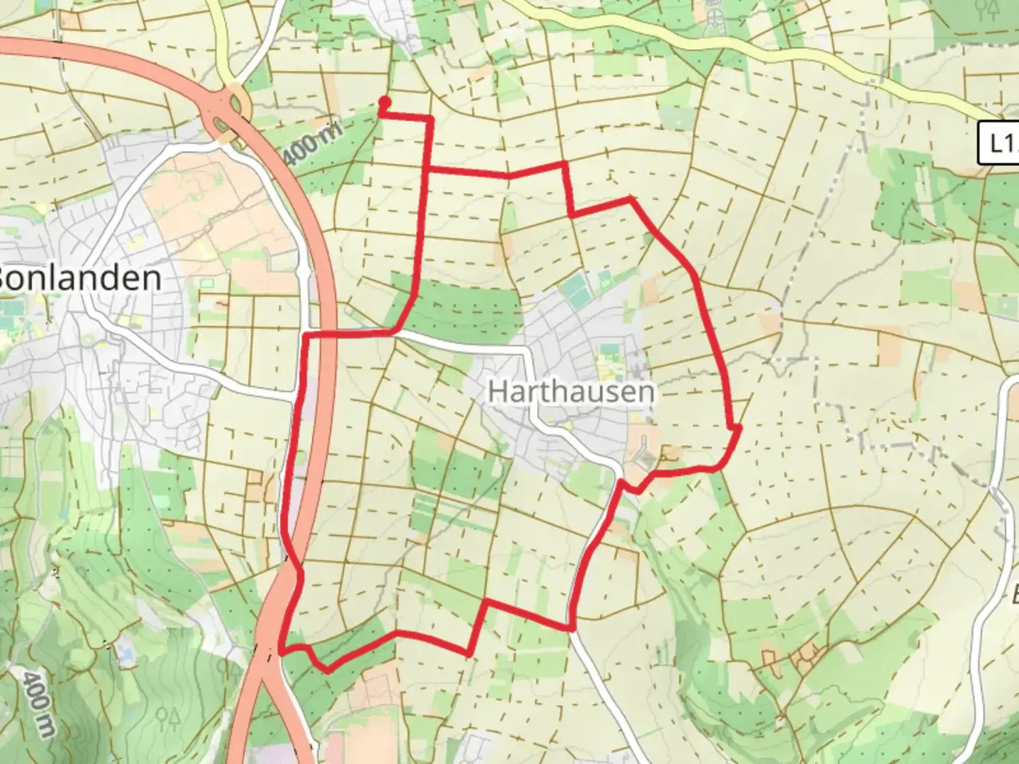 An image depicting the trail Harthausen Loop - Filderstadt and its surrounding area.