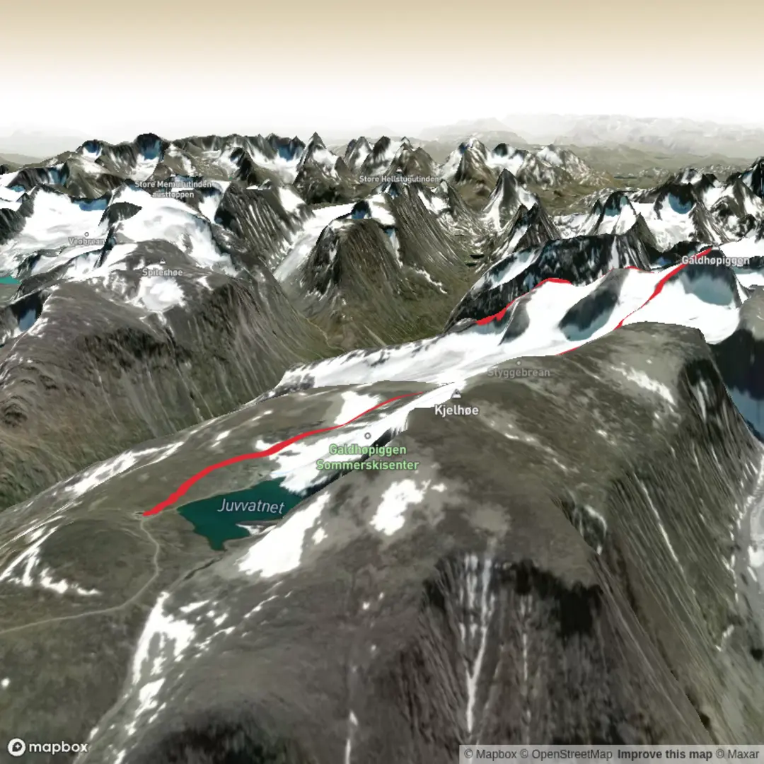 An image depicting the trail Juvvashytta - Galdhoppigen - Spiterstule and its surrounding area.