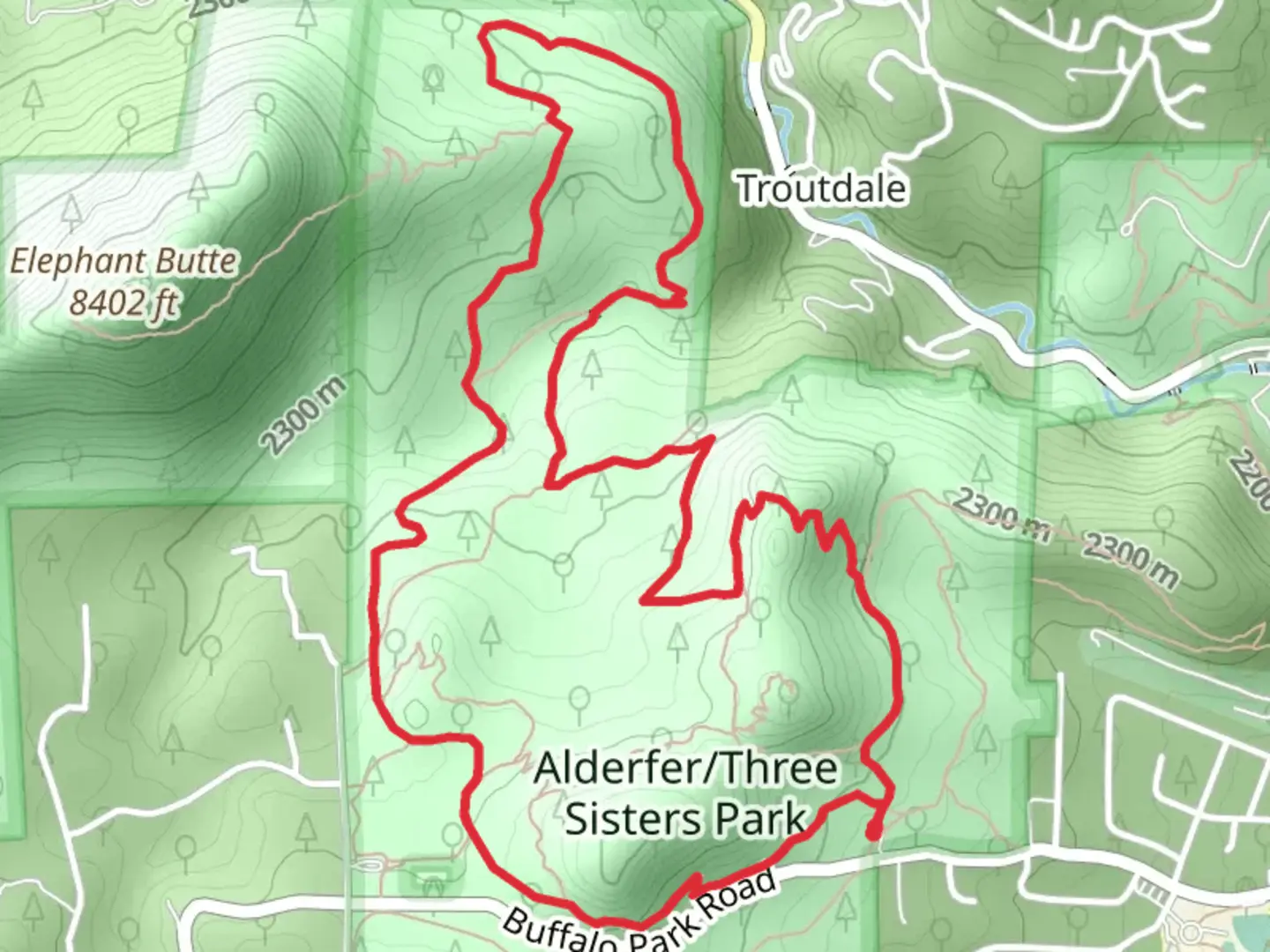 An image depicting the trail Sisters Trail, Bearberry Trail and Mountain Mulhy Trail and its surrounding area.