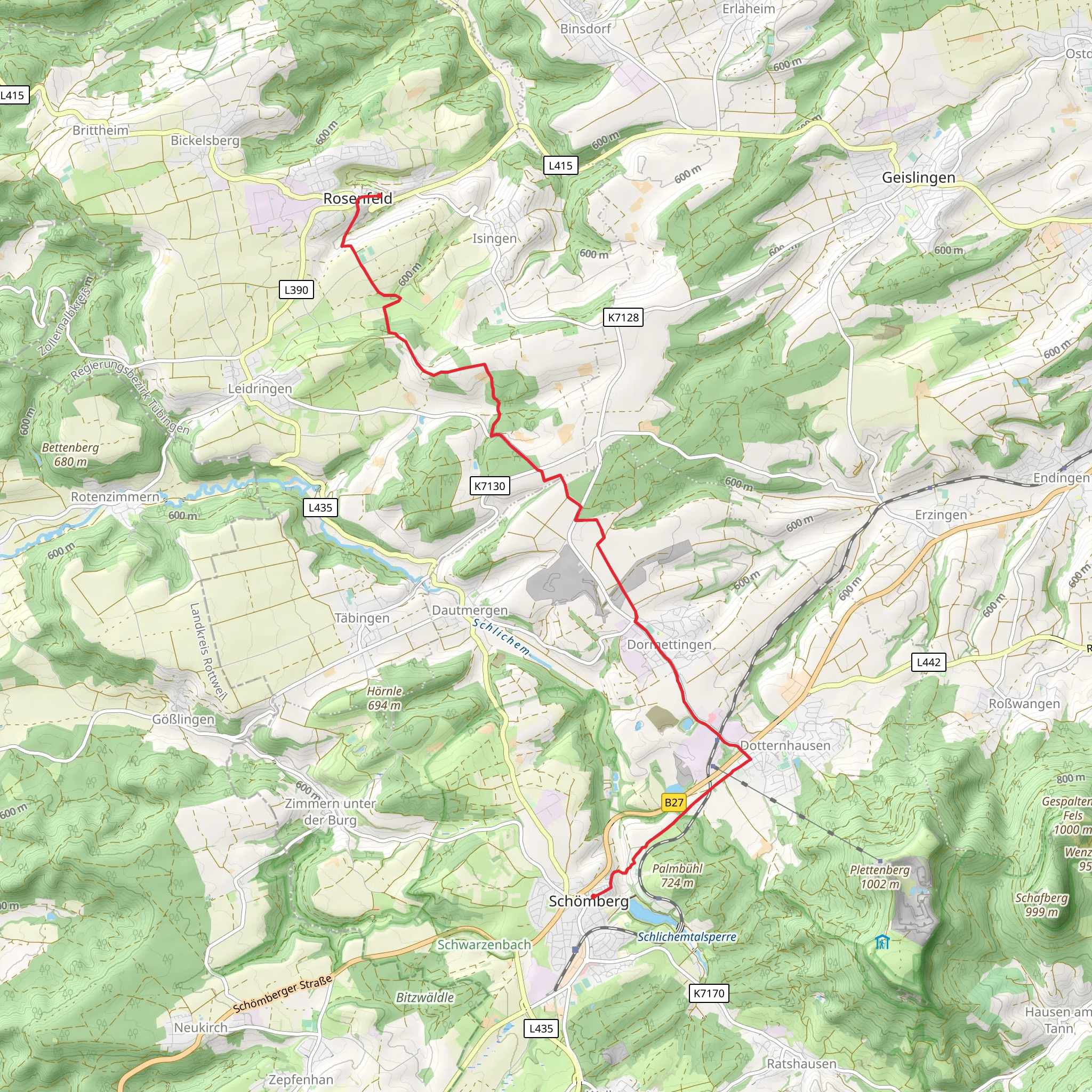 Schömberg to Rosenfeld via Blaues Minus Rosenfeld - Dotternhausen mobile static map