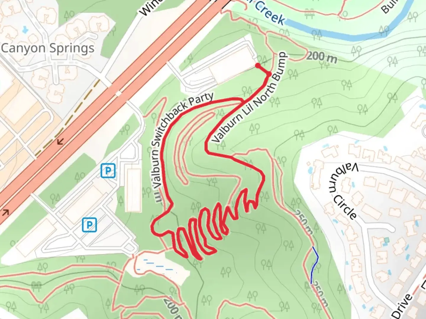 An image depicting the trail Valburn Switchback Party Loop and its surrounding area.