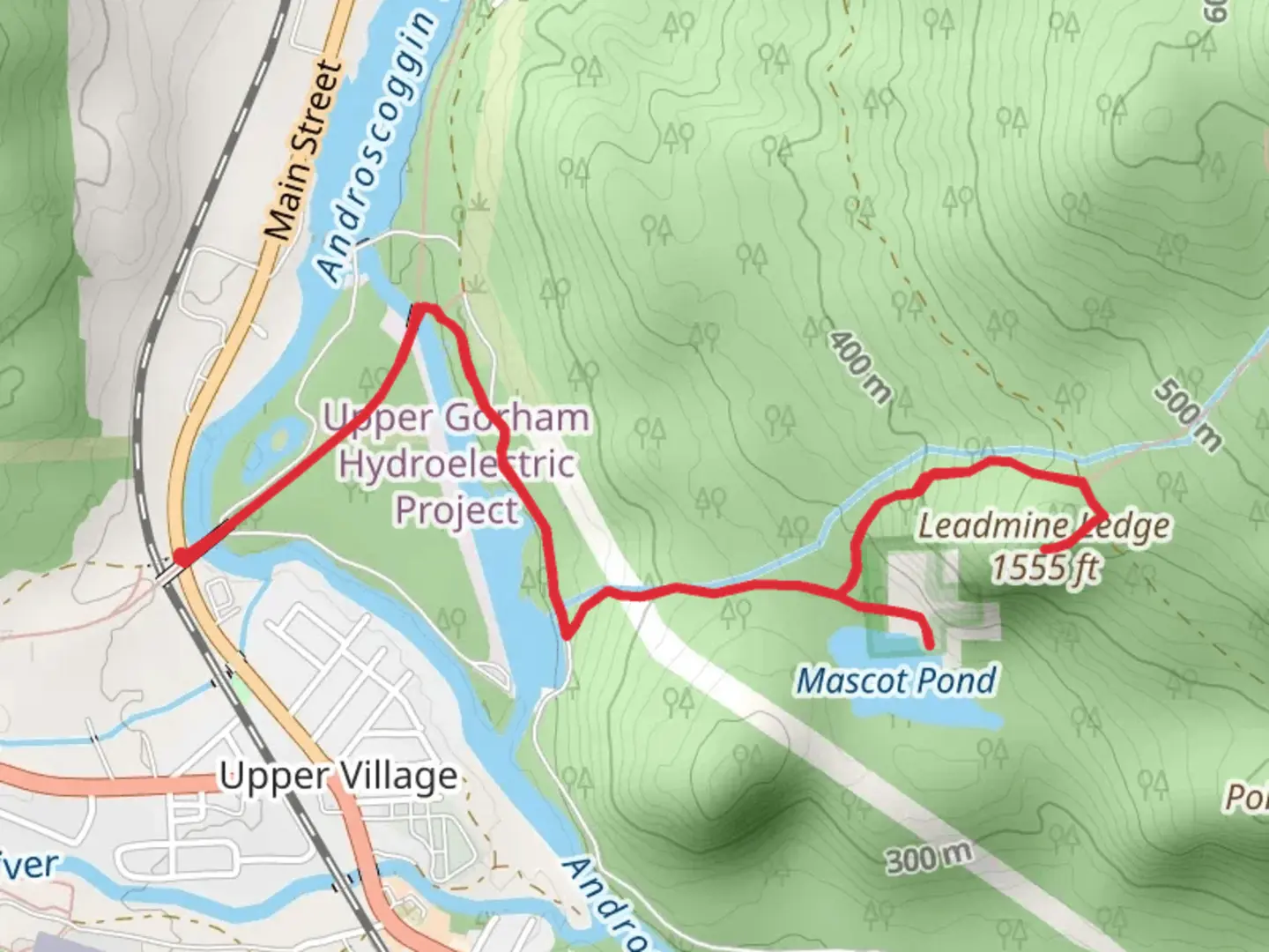 An image depicting the trail Mascot Pond from Androscoggin River and its surrounding area.