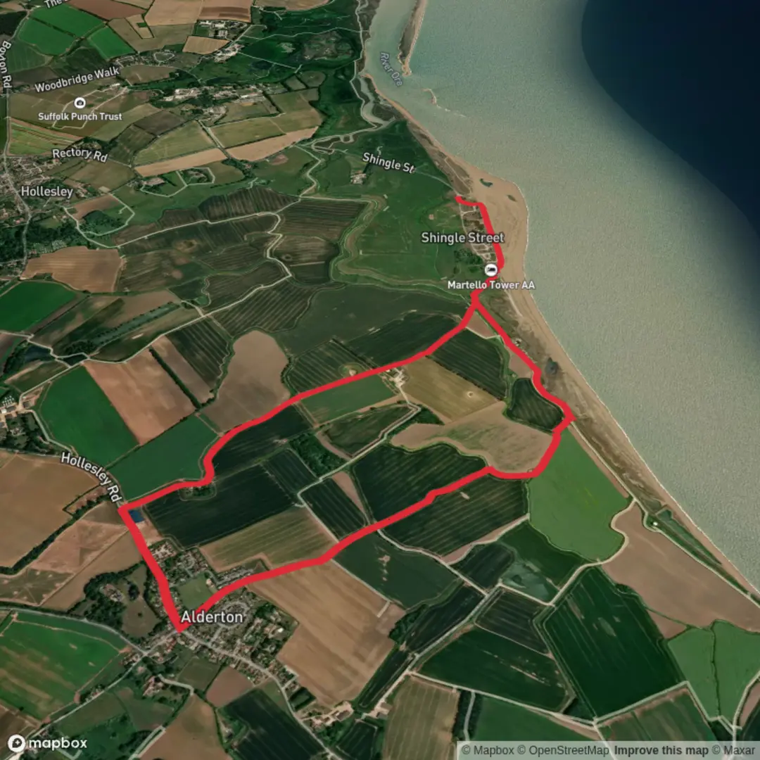 An image depicting the trail Shingle Street and Alderton and its surrounding area.