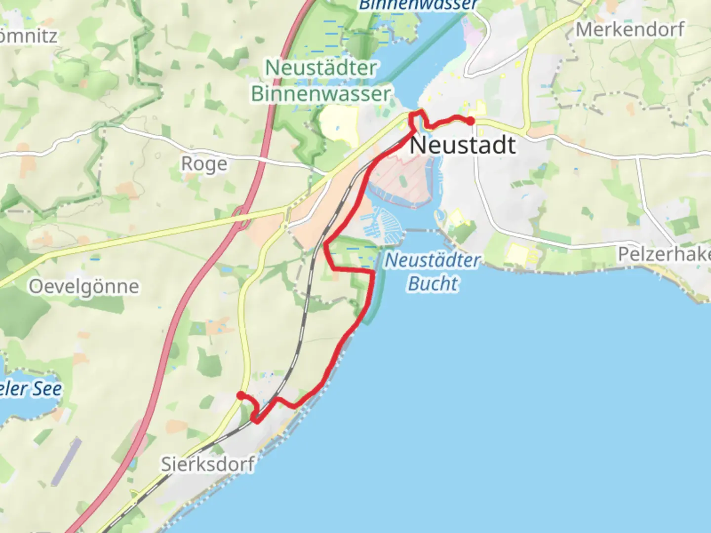 An image depicting the trail Hundestrand via An den Gleisen and Holmer Weg and its surrounding area.
