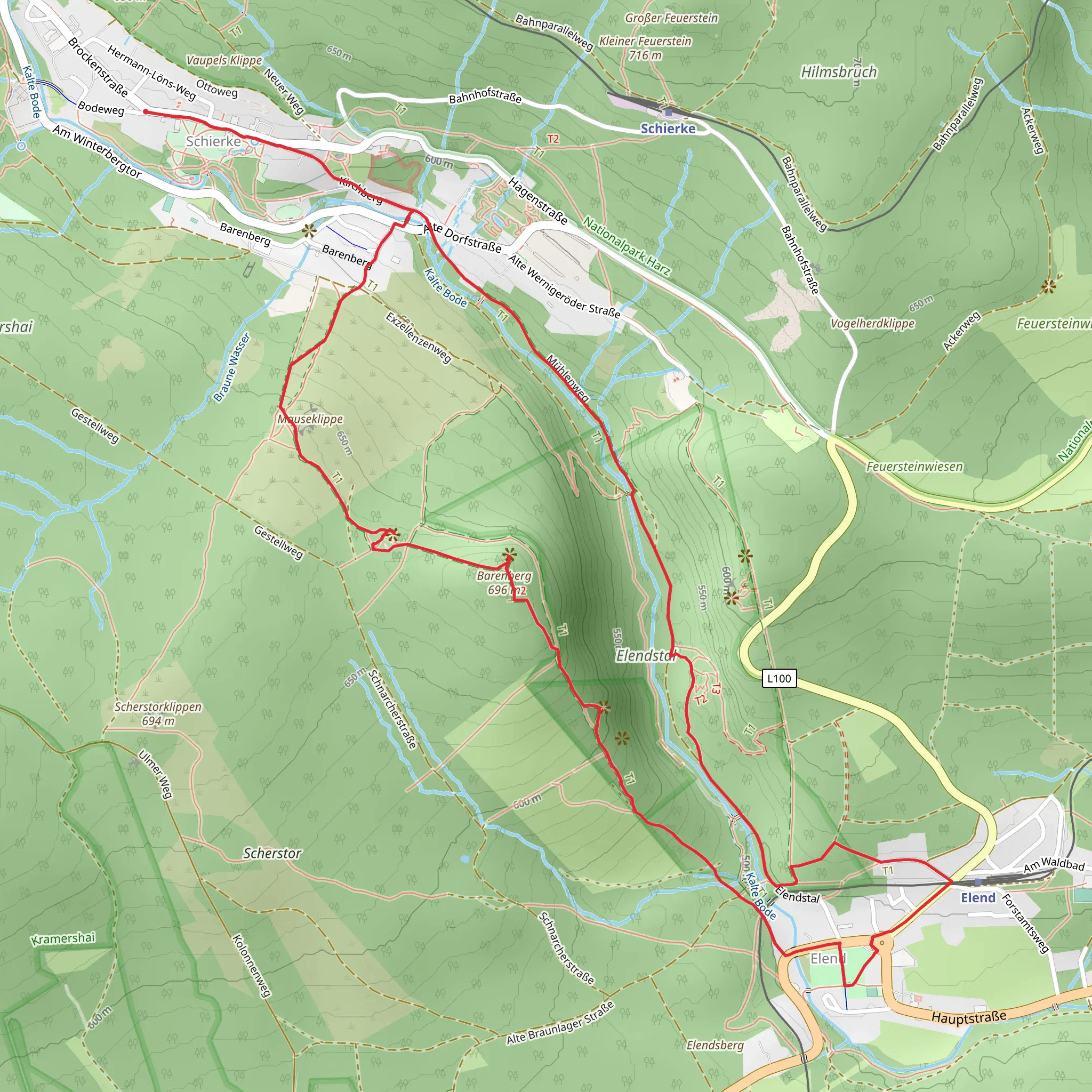 Nördliche Schnarcherklippe and Barenberg via Teufelsstieg and Schierke Ueber Muehlenweg mobile static map