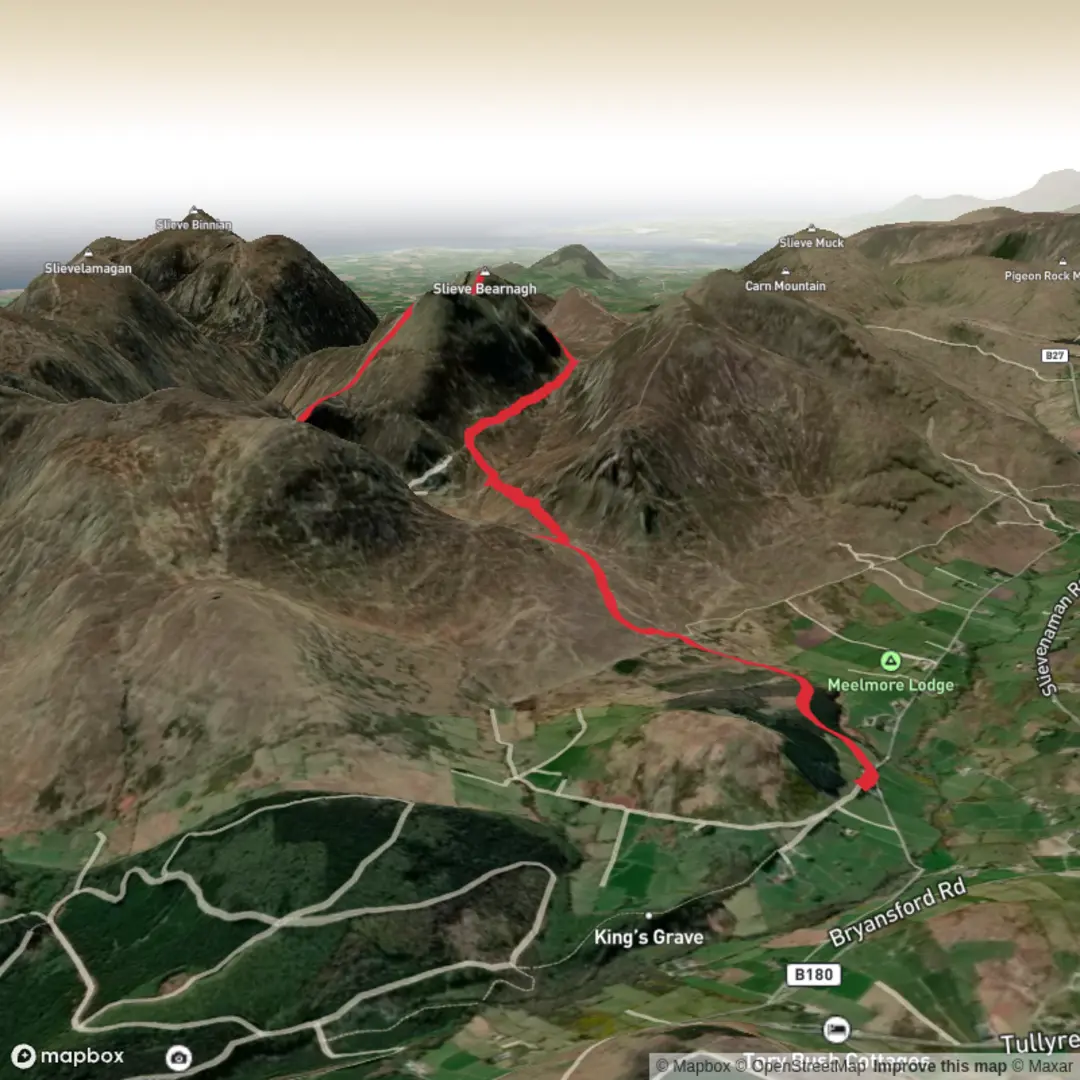 An image depicting the trail Hike loop from Trassey CP via Bearnagh and North Tor and its surrounding area.