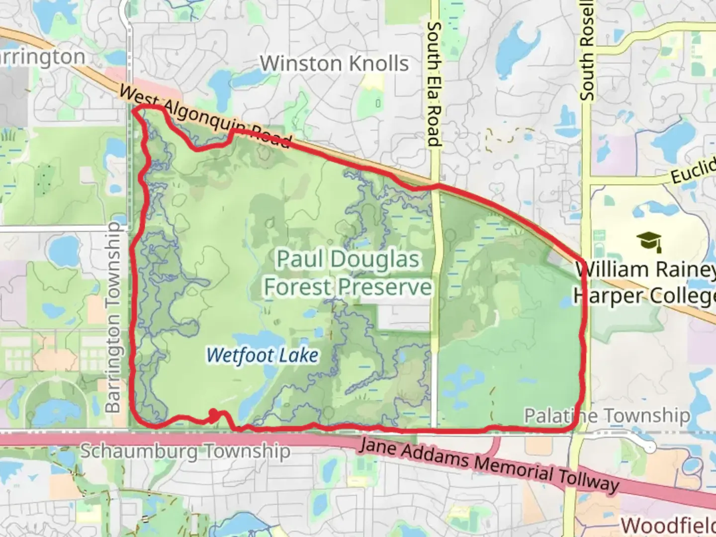 An image depicting the trail Paul Douglas Red Paved Loop Trail and its surrounding area.