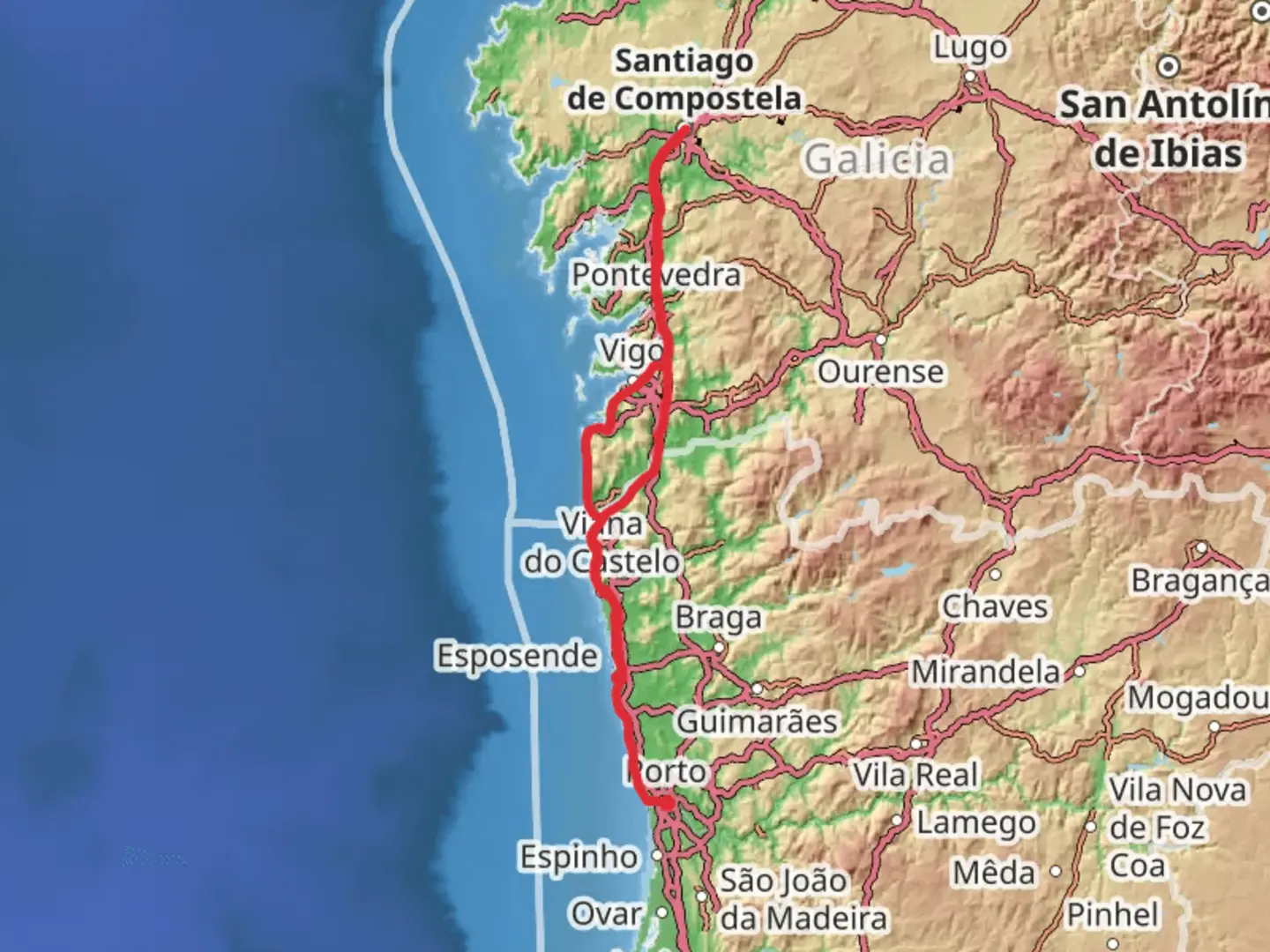 An image depicting the trail Camino de Santiago Portugues Coastal Route and its surrounding area.