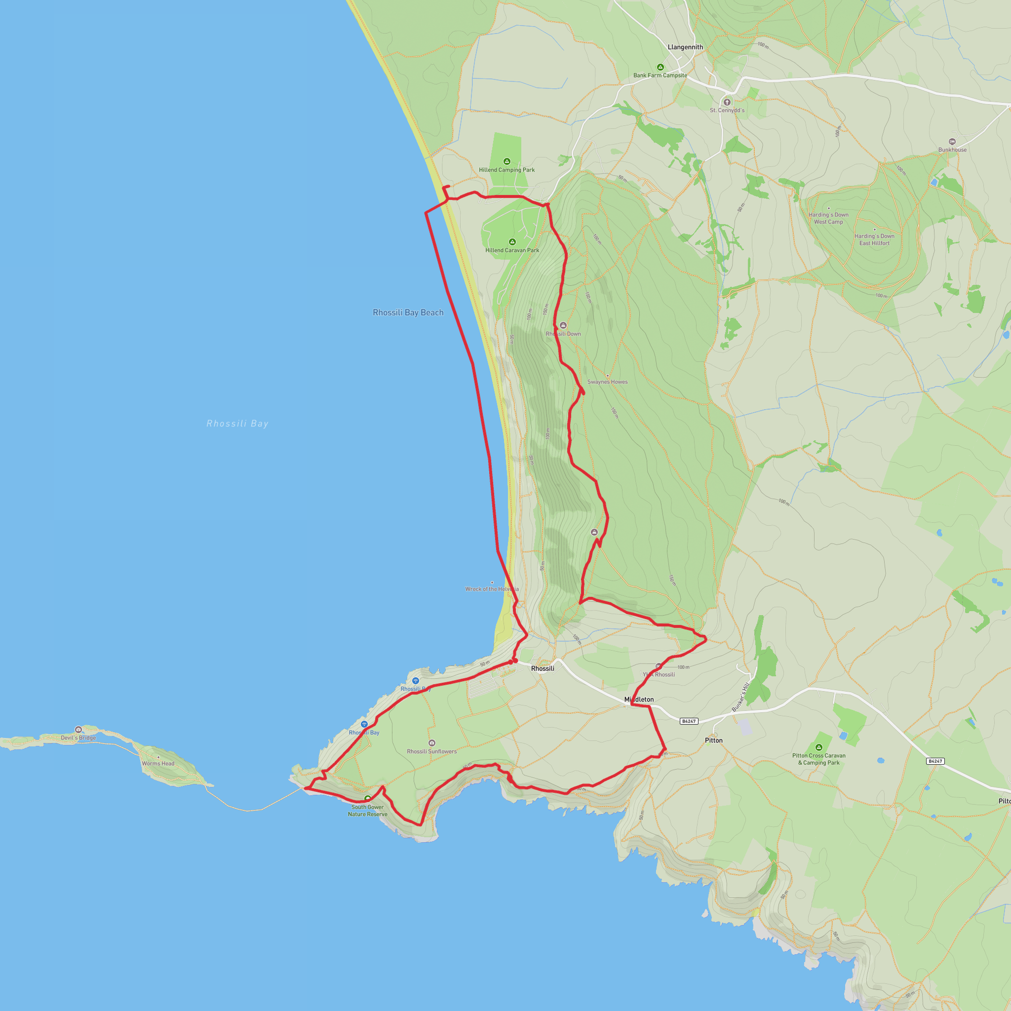 Hike from Rhossili Down to Worms head to Middleton to Hillend Burrows mobile static map