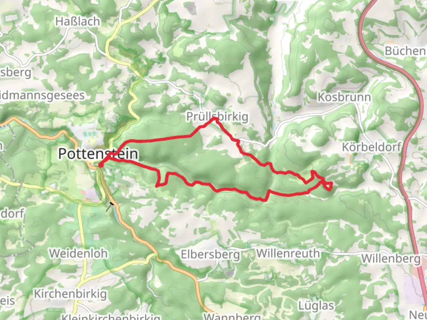 An image depicting the trail Pottenstein to Hollenberg Loop via Hatzerkirche and its surrounding area.