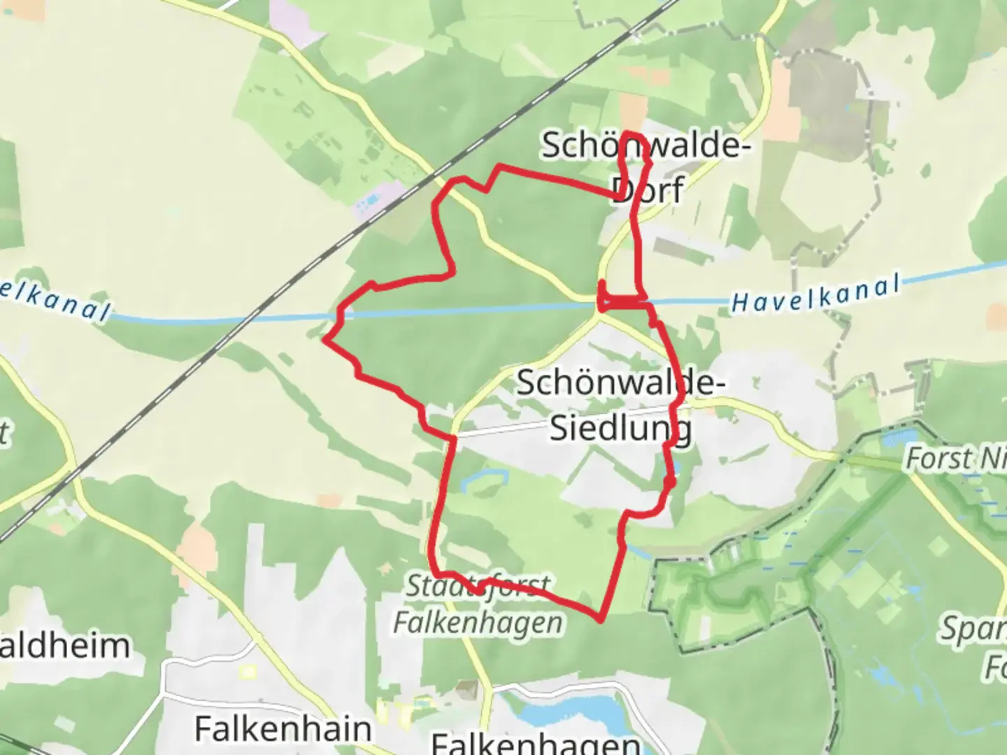 An image depicting the trail Schonwaldeglien Loop via Havelkanal and its surrounding area.