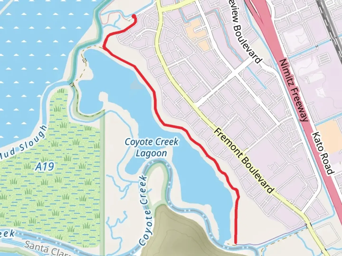 An image depicting the trail Coyote Creek Lagoon Trail and its surrounding area.