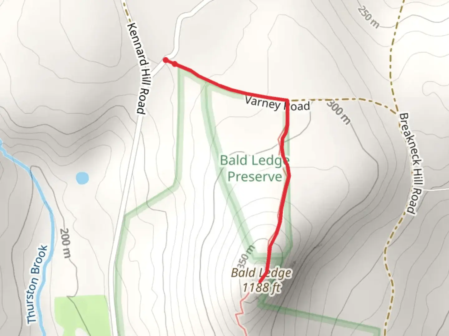 An image depicting the trail Bald Ledge from Varney Road and its surrounding area.