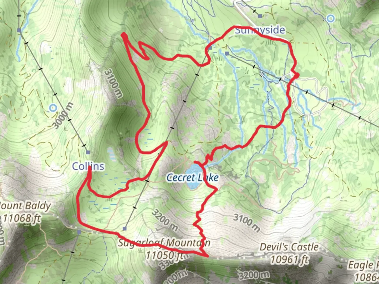 An image depicting the trail Sugerloaf Mountain and Cecret Lake Trail and its surrounding area.