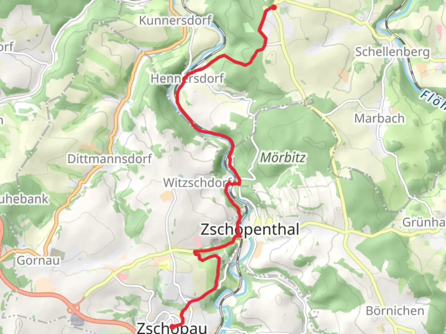 An image depicting the trail Zschopau to Augustusburg via Schönthalweg and its surrounding area.