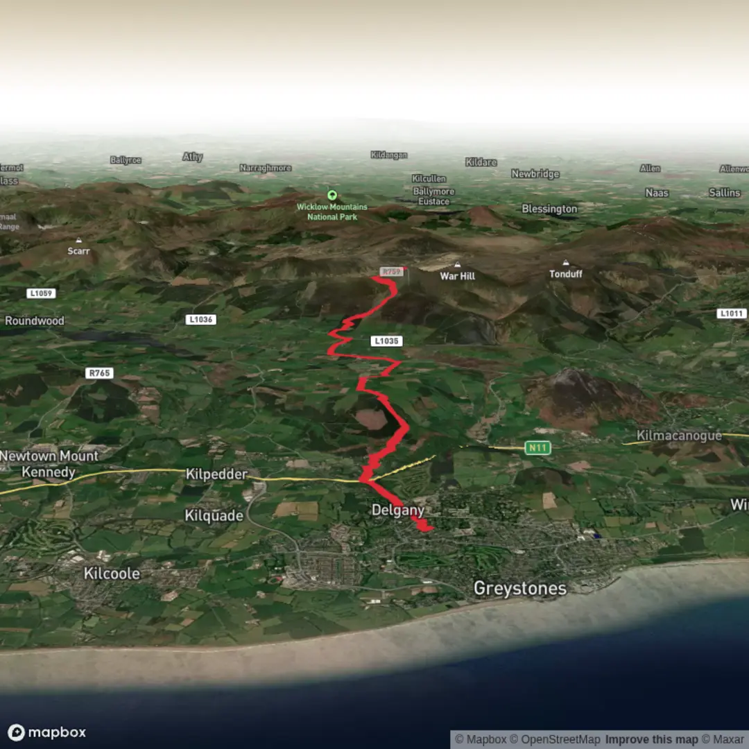 An image depicting the trail Greystones - Djouce and its surrounding area.