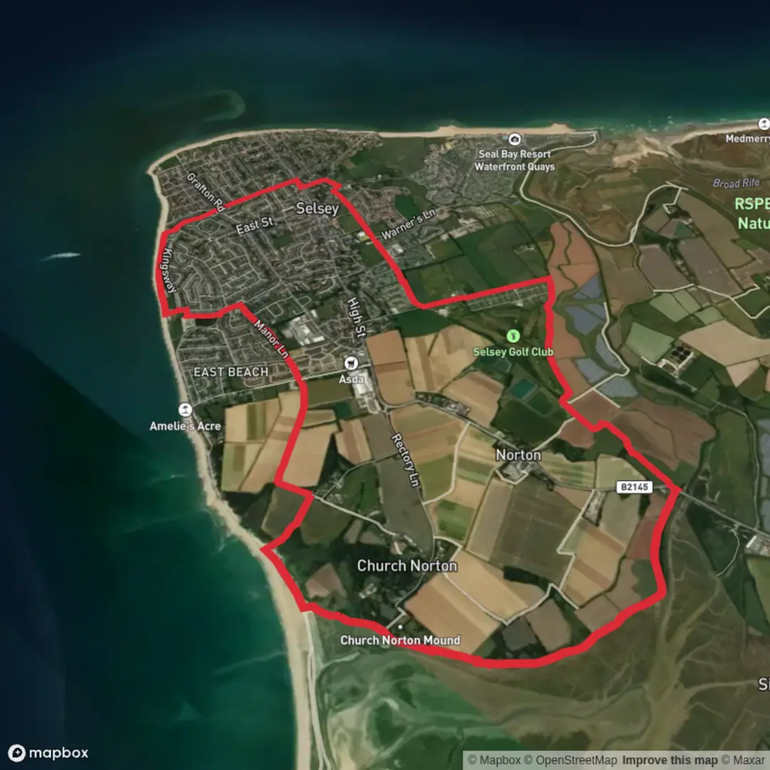 An image depicting the trail Selsey and Pagham Harbour Loop and its surrounding area.