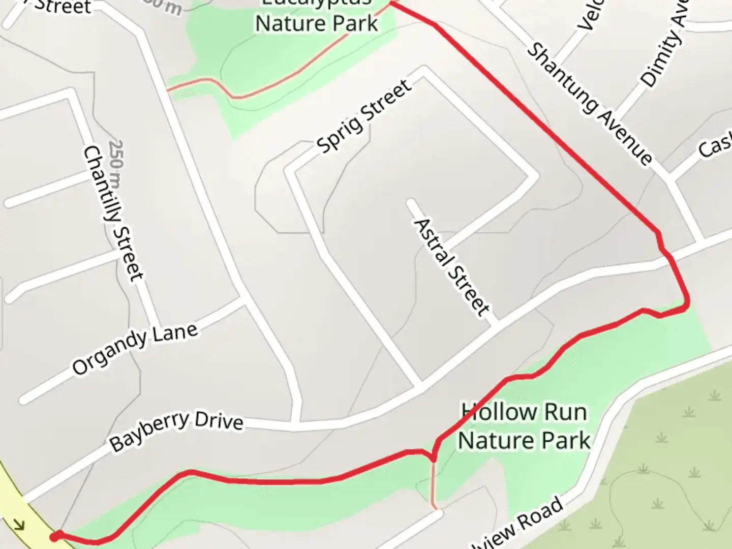 An image depicting the trail Hollow Run Nature Park and its surrounding area.