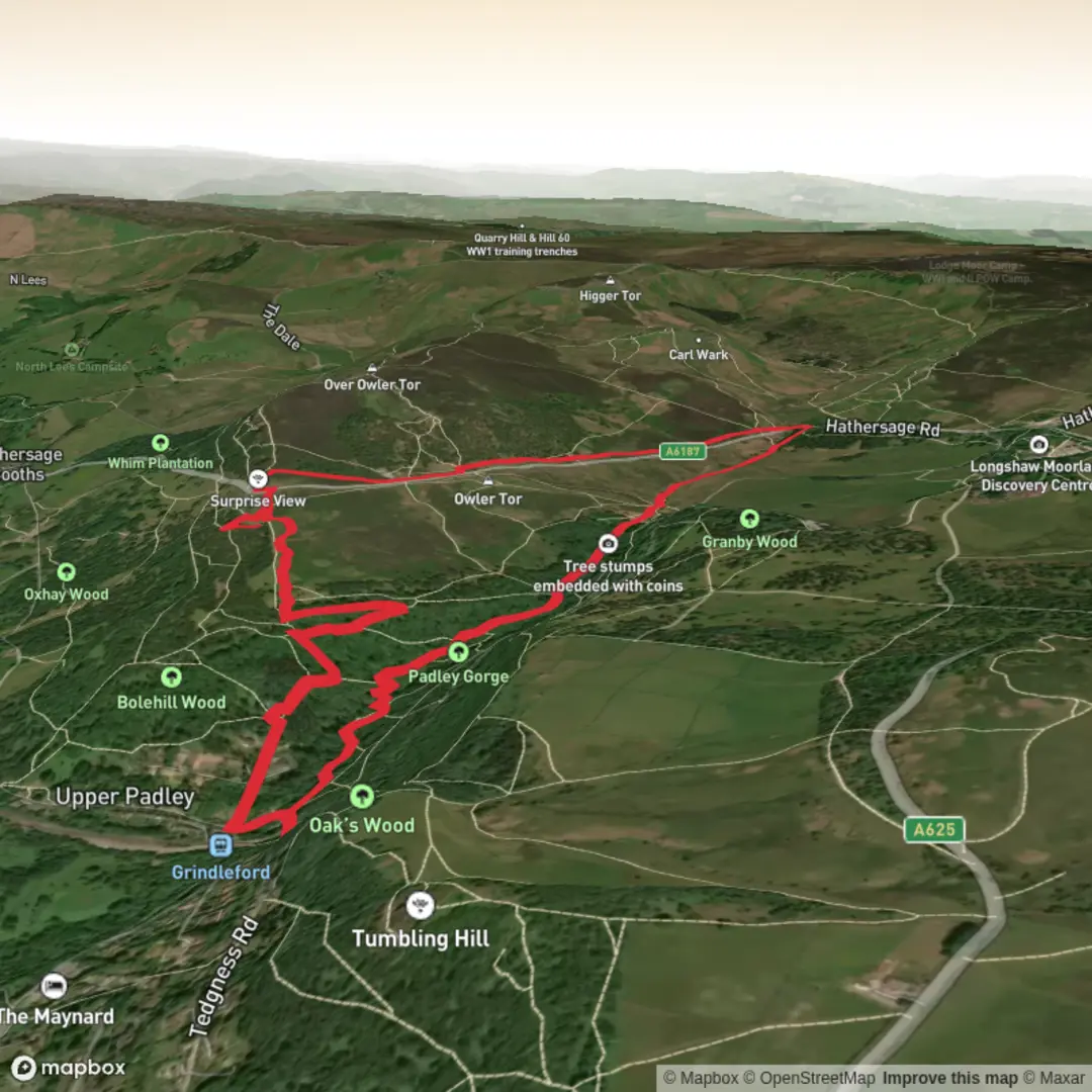 An image depicting the trail Padley Gorge via Lawrencefield Quarry and Toad's Mouth and its surrounding area.