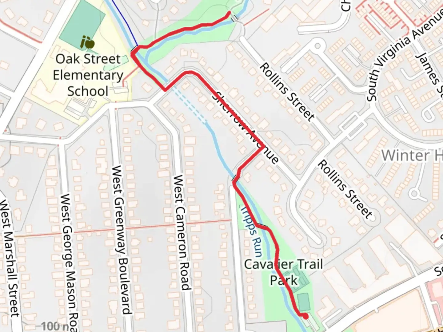 An image depicting the trail Cavalier Trail Park and Howard E Herman Stream Valley Park and its surrounding area.