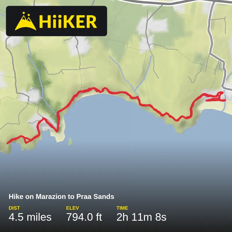 A map preview of the recording Hike on Marazion to Praa Sands.