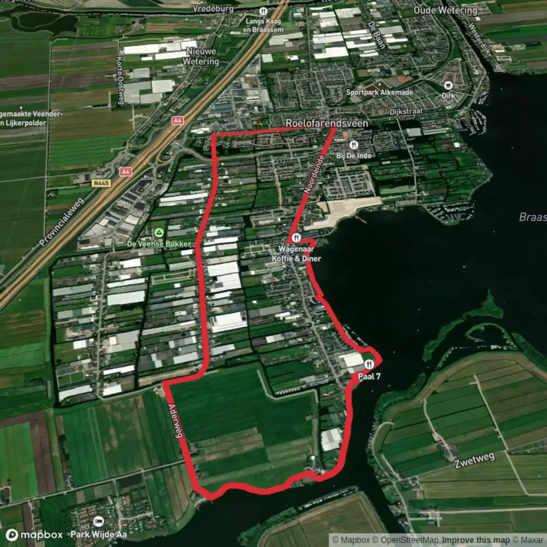 An image depicting the trail Braassemermeer via Zuidkade and Flora Weg and its surrounding area.