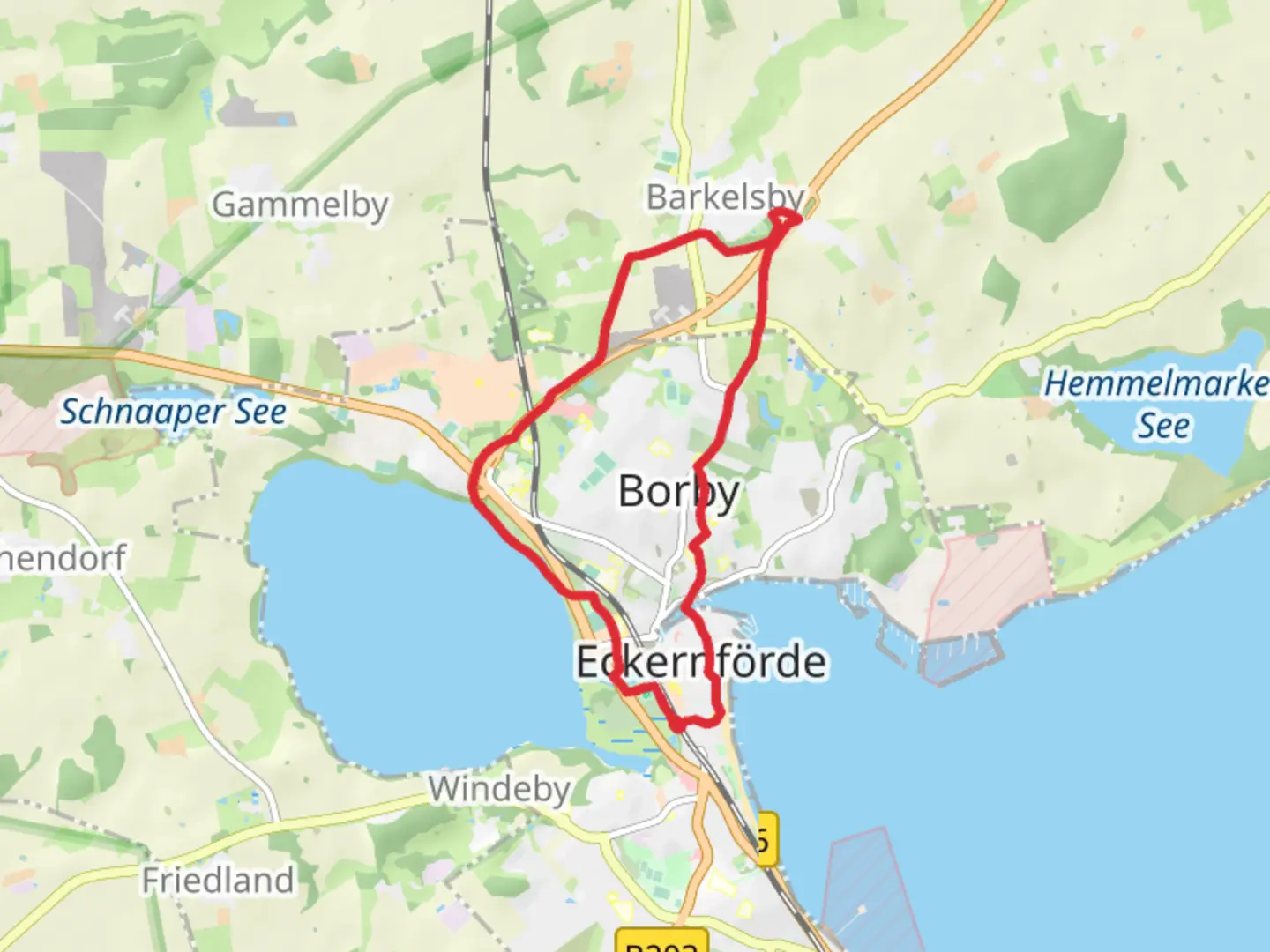 An image depicting the trail Wander Route Carlshoehe - Barkelsby - Borby and Gildeweg and its surrounding area.