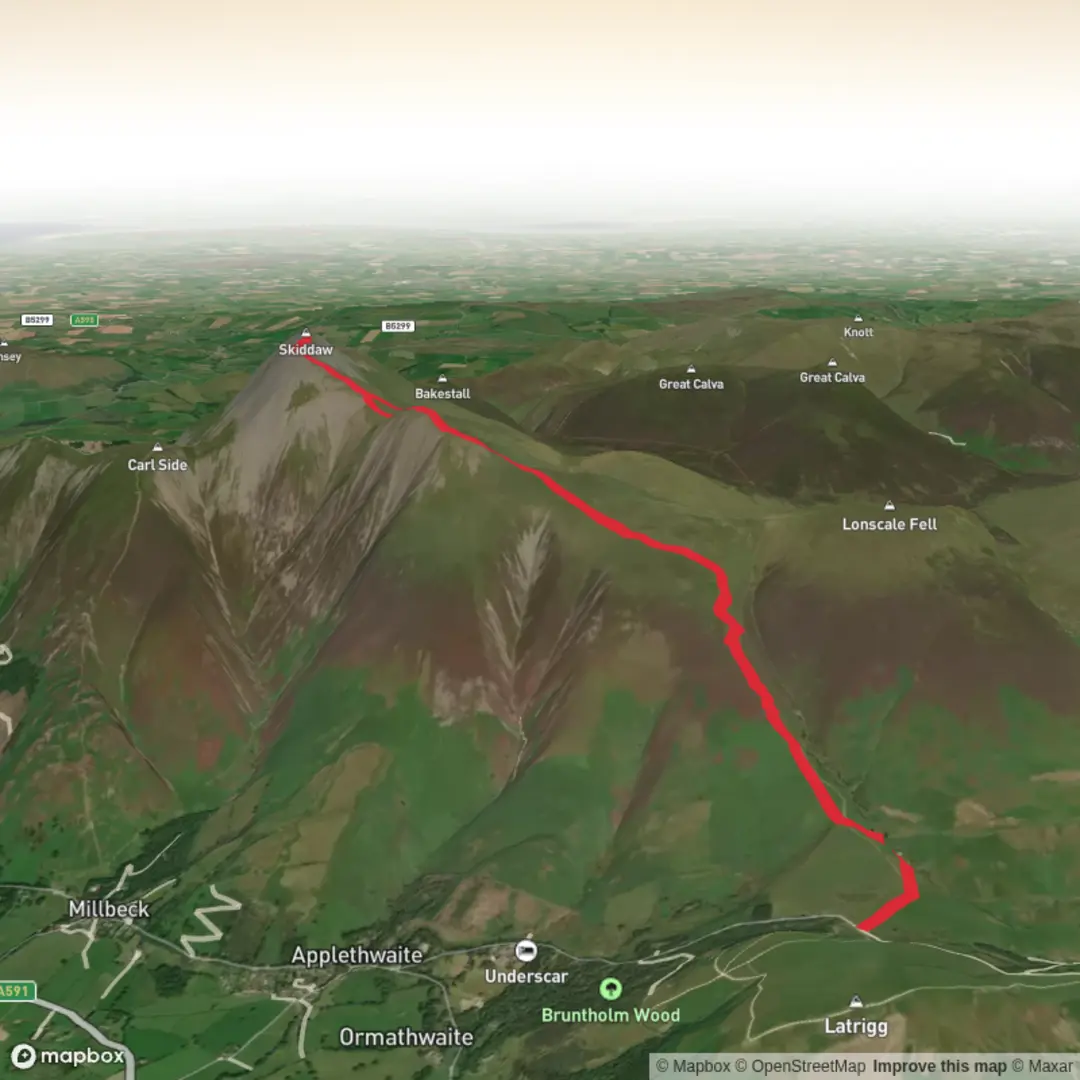An image depicting the trail Skiddaw and Little man from CP and its surrounding area.