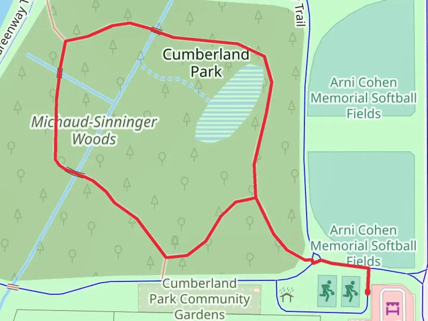 An image depicting the trail Cumberland Park Loop and its surrounding area.